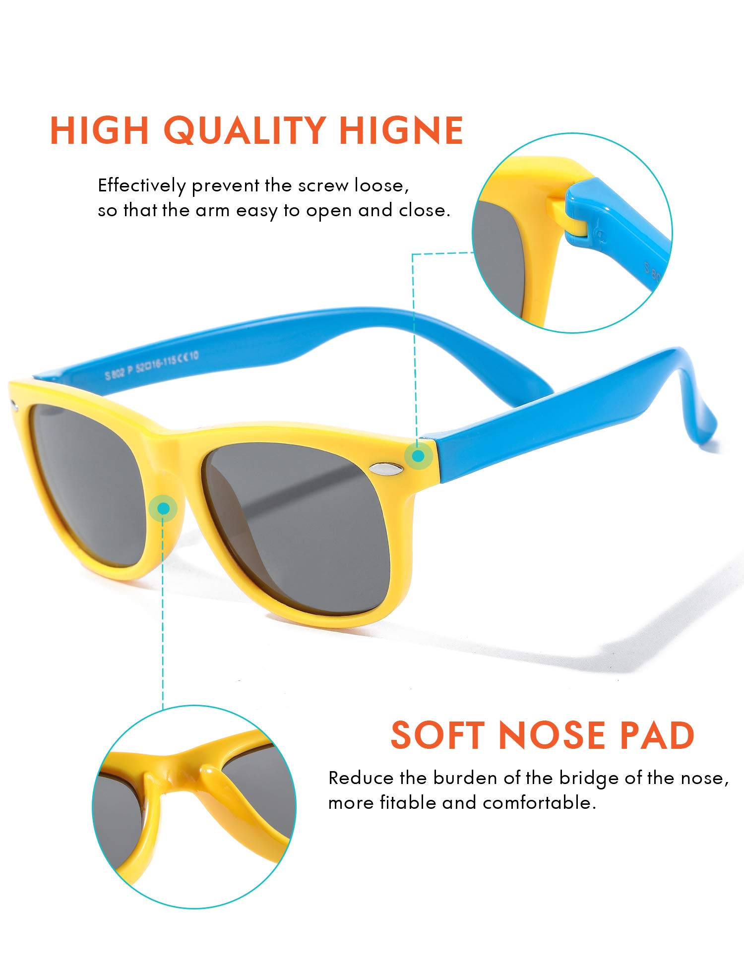 ROCF ROSSINI Unisex-Child Round Flexible Sunglasses Polarized Toddler Sun Glasses Shades UV400 Protection Eyewear for Age 2-8 (Black+Yellow/Blue), 2-8 Years - Image 2 thumbnail