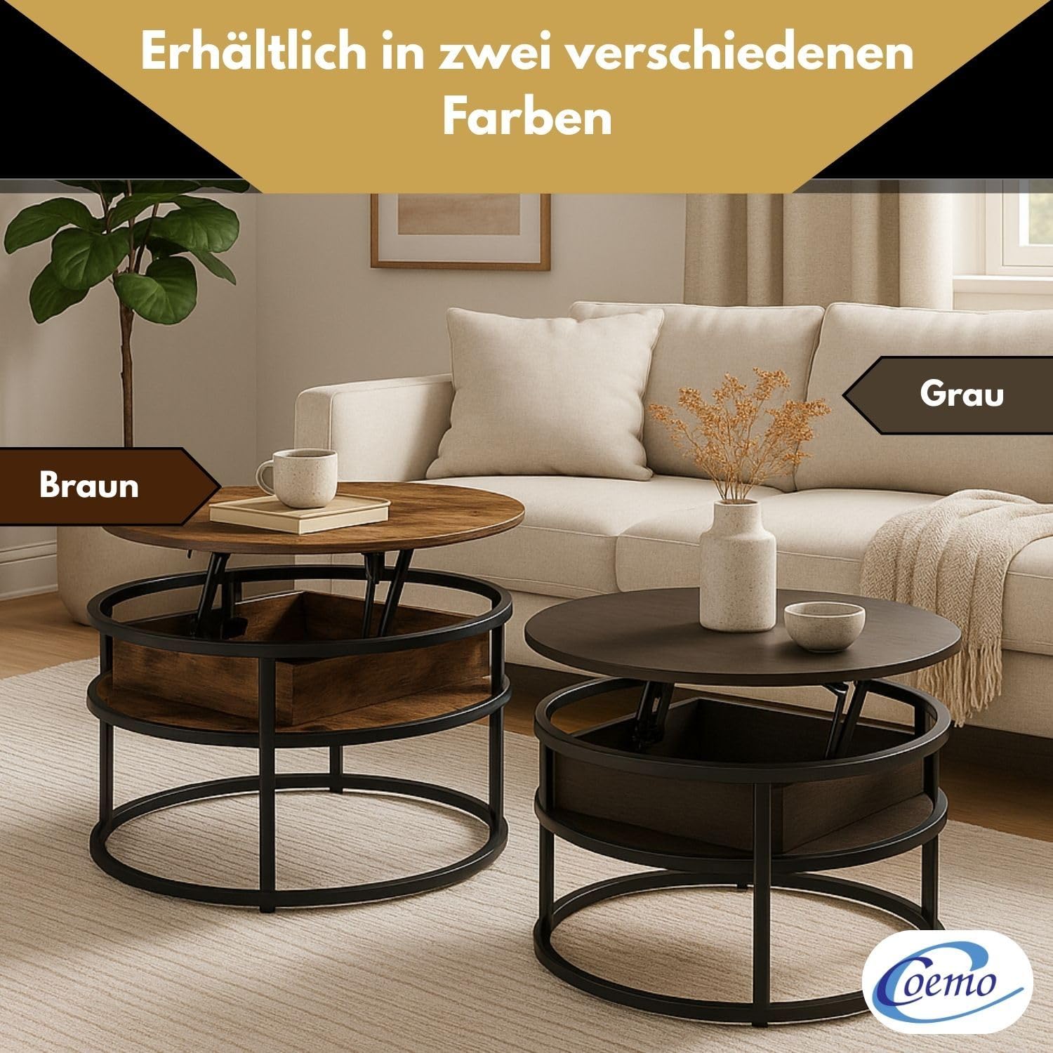 Coemo Couchtisch Swing, Grau, verstellbare Tischplatte, verdecktes Fach