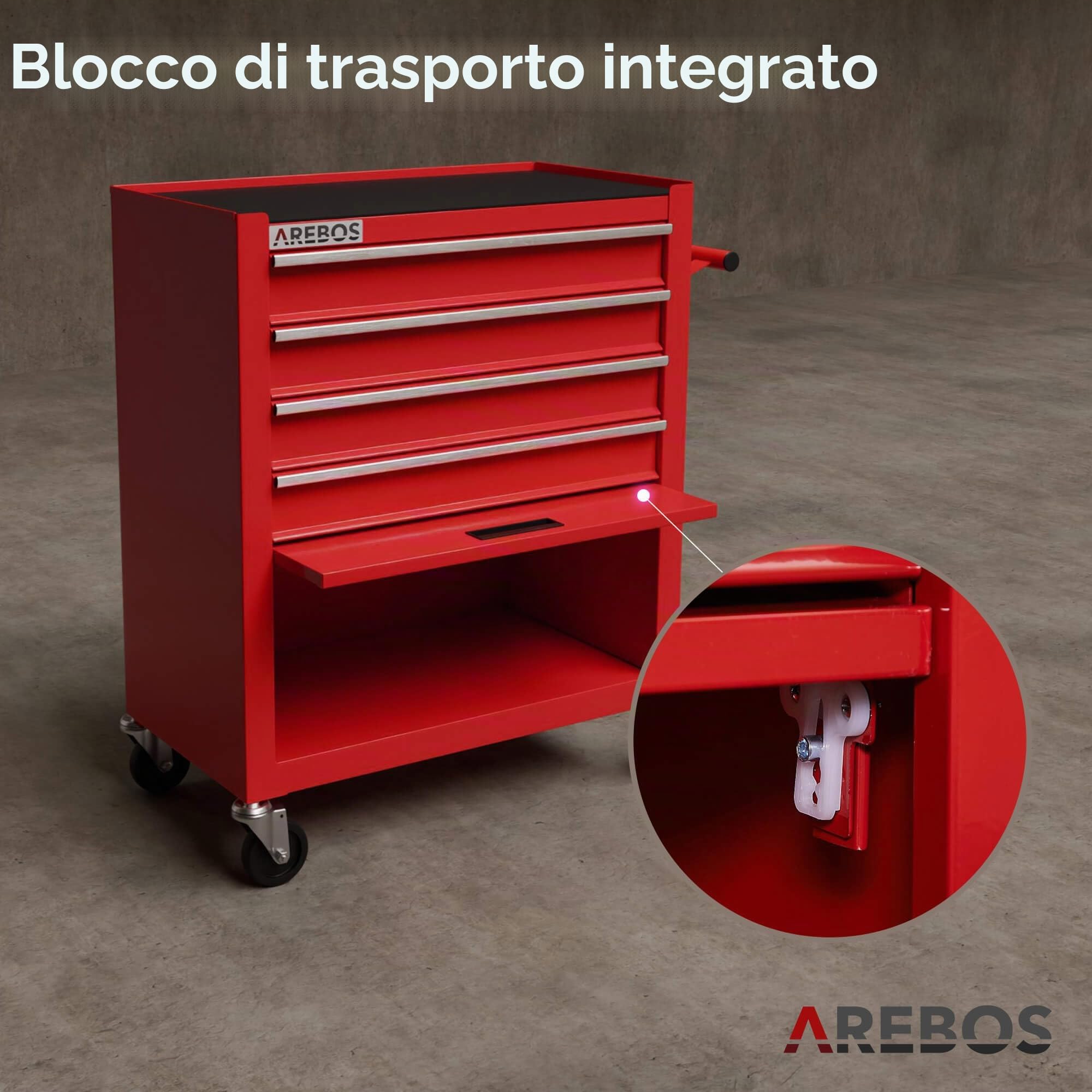 AREBOS Carrello da officina a 4 scomparti + grande scomparto | con tappetini antiscivolo | 2 ruote con freno di stazionamento | rosso