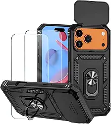 Capa para iPhone 17 Pro Max Capinha | com 2 peças de protetor de tela temperado com janela deslizante da câmera e suporte para telefone incluídos - Preto