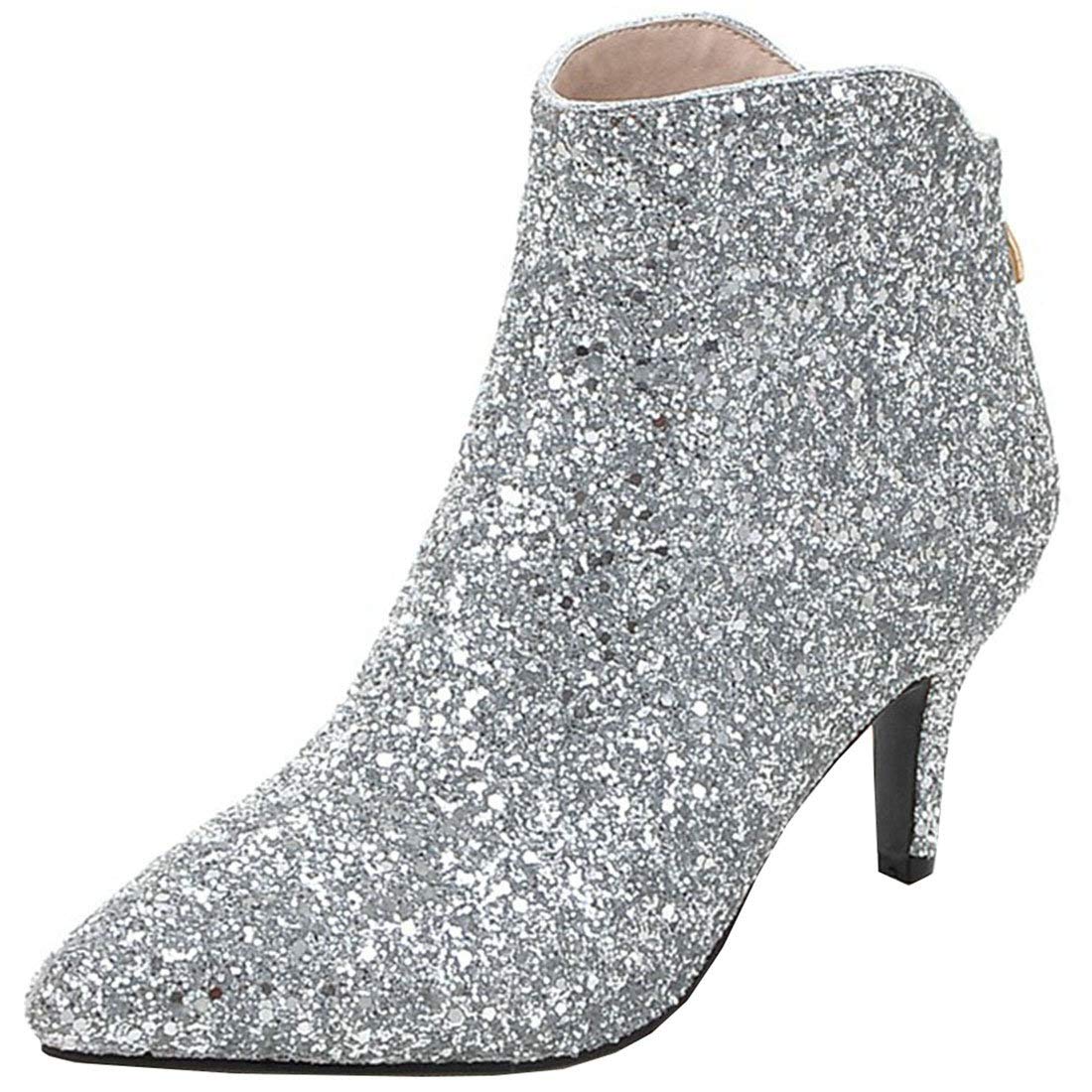 Womens Glitter Sequin Booties Pointy Toe Kitten Heels Ankle Boots