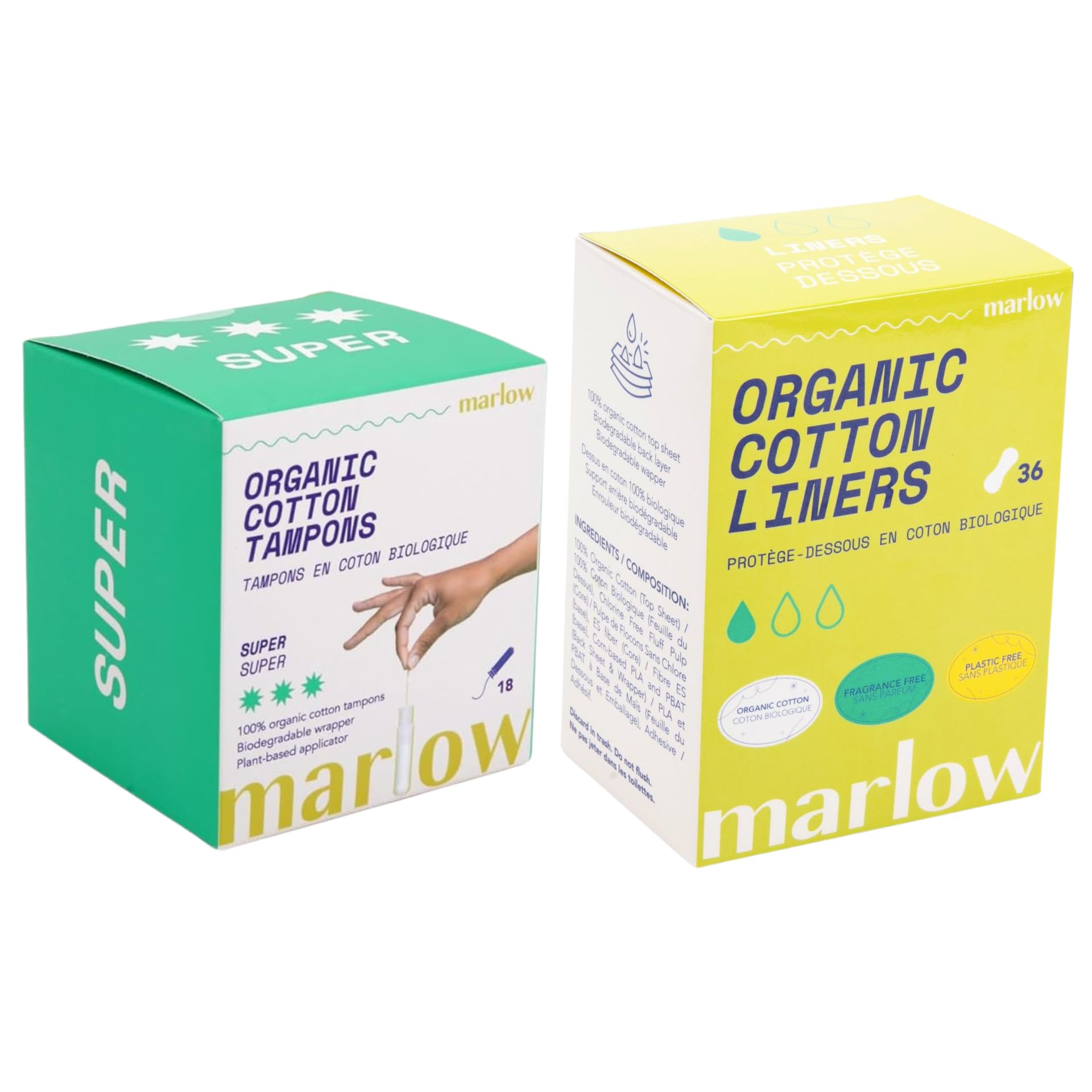 Organic Super Cotton Tampons with Compact Plant-Based Applicators + Organic Cotton Liners | Fragrance Free, Toxin Free