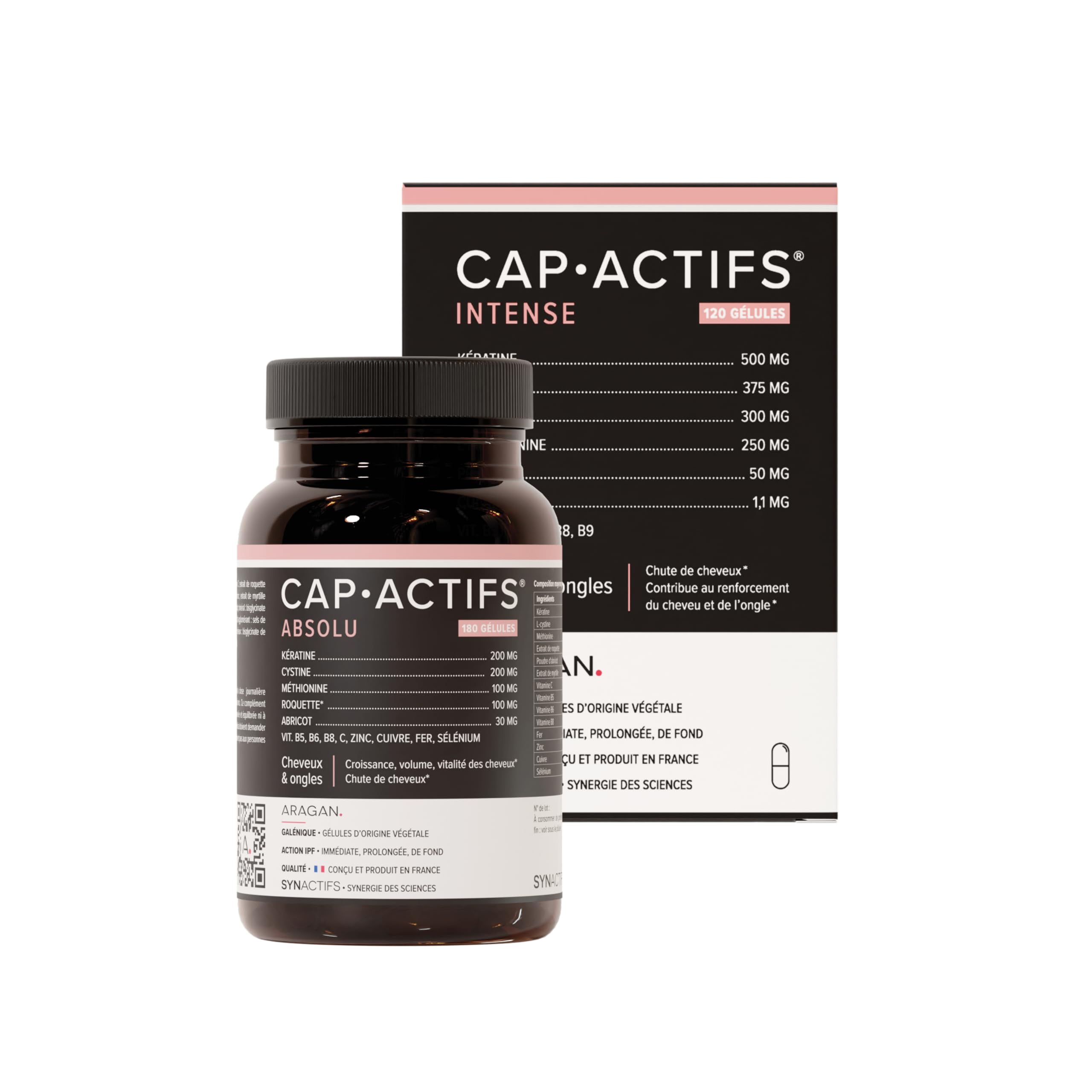 ARAGAN Capactifs Intense + Absolu - Complément Alimentaire Renforcement des Cheveux et des Ongles, Croissance, Vitalité - Kératine, Cuivre, Zinc et Vitamines - 120 + 180 gélules - 2 à 3 mois de prise