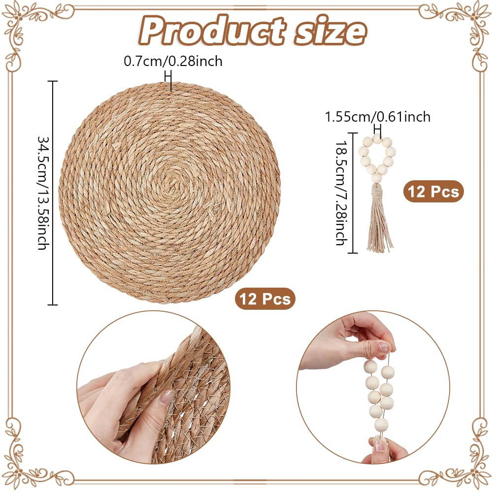 NBEADS 12 Set Gewebte Rattan Tischsets, 34.5cm Boho Gewebte Tischsets Set Tischmatten Mit 12 Stück Holz Serviettenringe Perlen Für Hochzeit Essen Wohnkultur Party Einstellungen