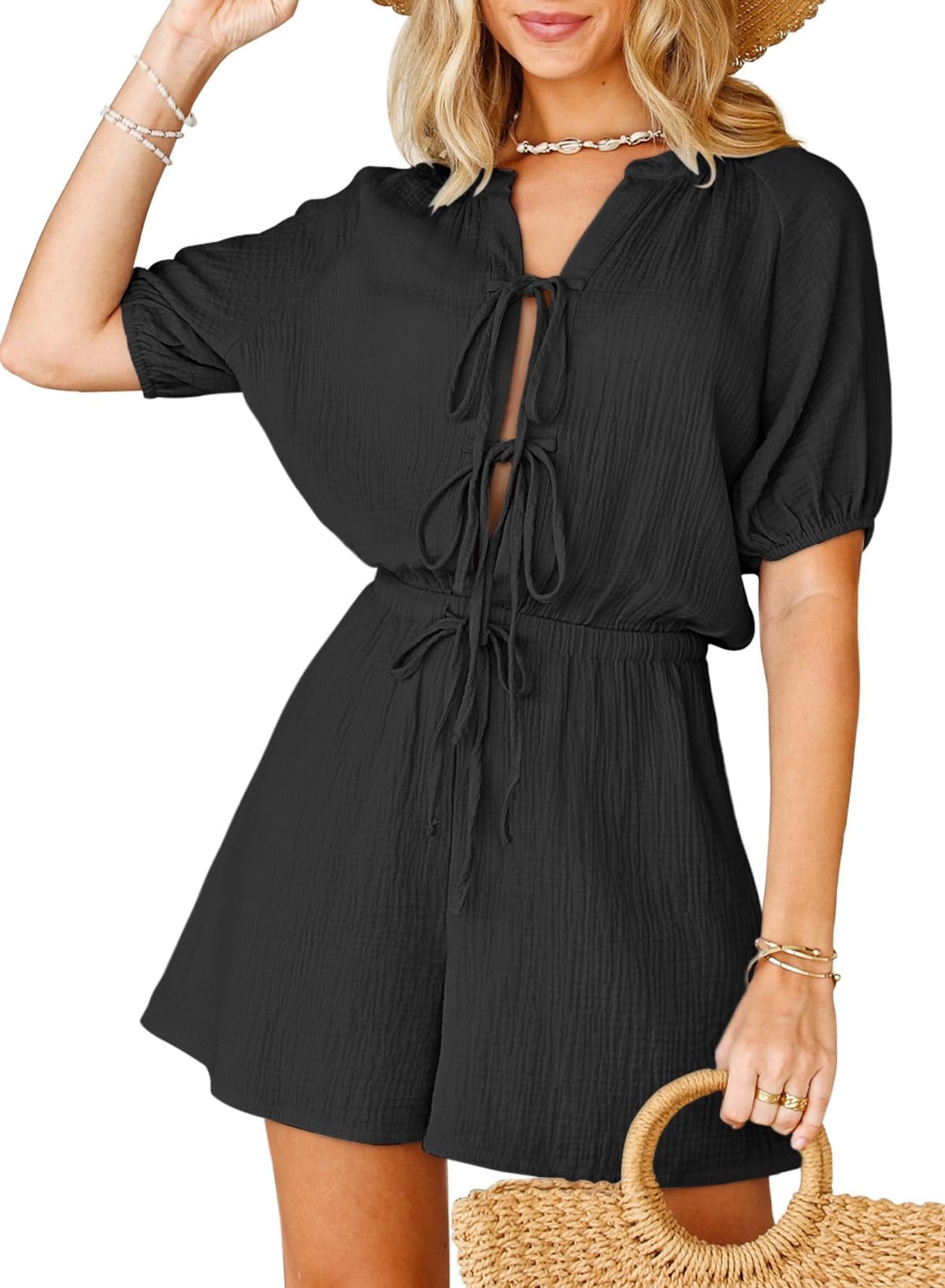 Fixmatti Women Summer Romper - Self Tie V Neck Casual Jumpsuit