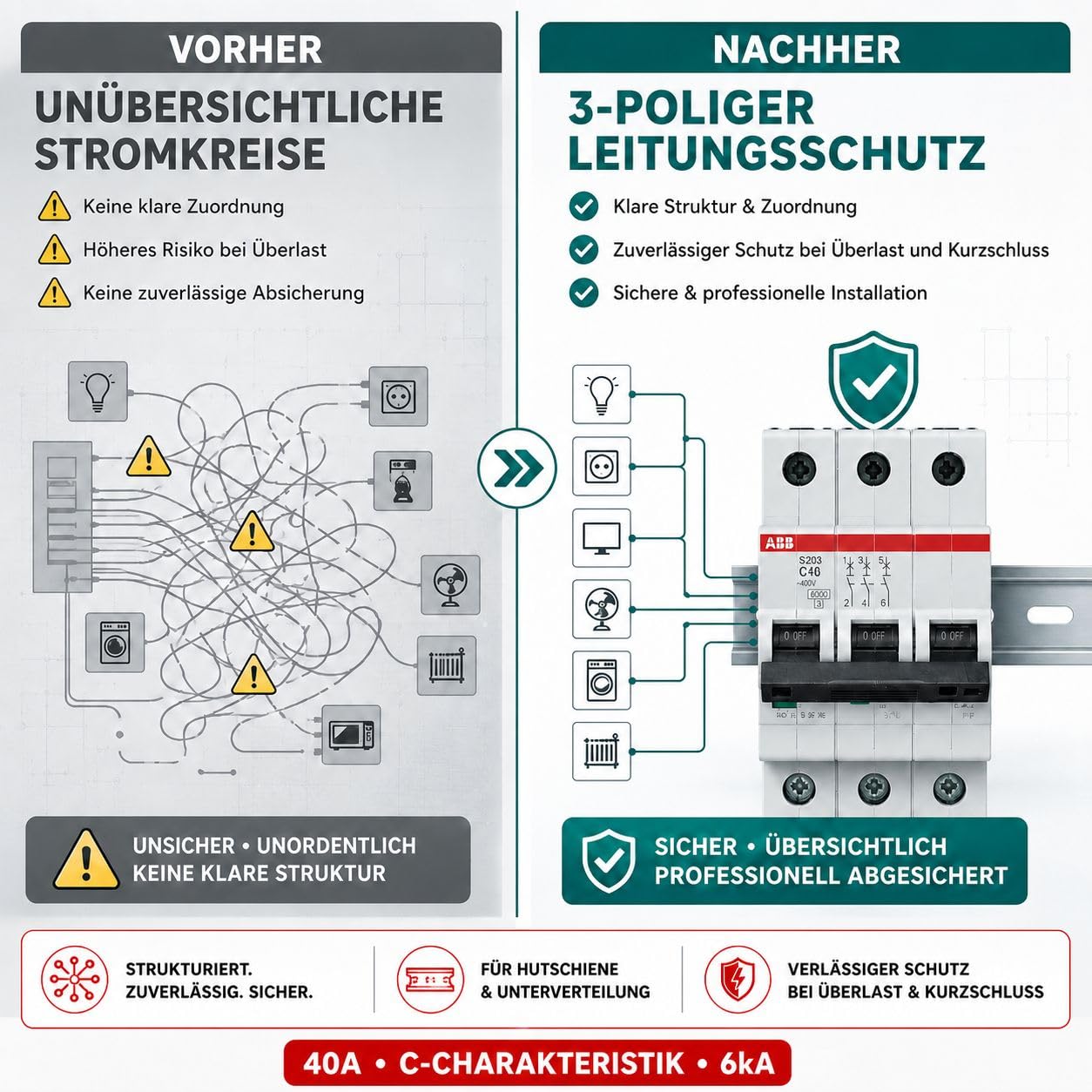 ABB S203-C40 Leitungsschutzschalter 3-polig C40A 6kA, Sicherungsautomat Drehstrom 400V, LS-Schalter für Hutschiene, Leitungsschutzschalter 40A, System pro M compact, DIN EN 60898-1