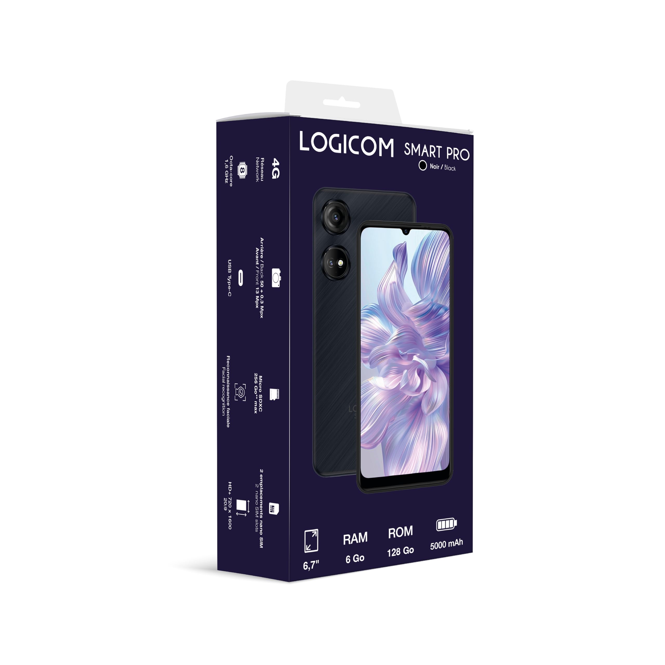 Logicom - Smart Pro - Smartphone 4G Débloqué - Écran 6,7’’ HD - 128Go + 256-6Go RAM - Android 14 - Double SIM - Batterie 5000mAh - USB-C - Wi-FI - 5G - Reconnaissance Faciale - Caméra 50 + 13MP