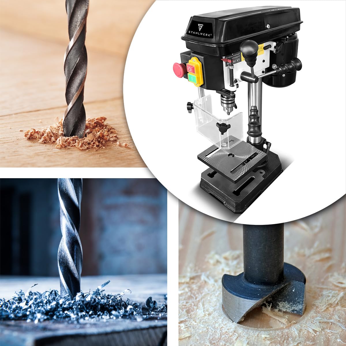 STAHLWERK Tischbohrmaschine 350 W – Bohrdurchmesser Ø 1,5-13 mm, 620-2.620 U/min, präzise Säulenbohrmaschine für Heimwerker, Metall- und Modellbau, robuster Bohrtisch, Metallfuß für stabilen Stand