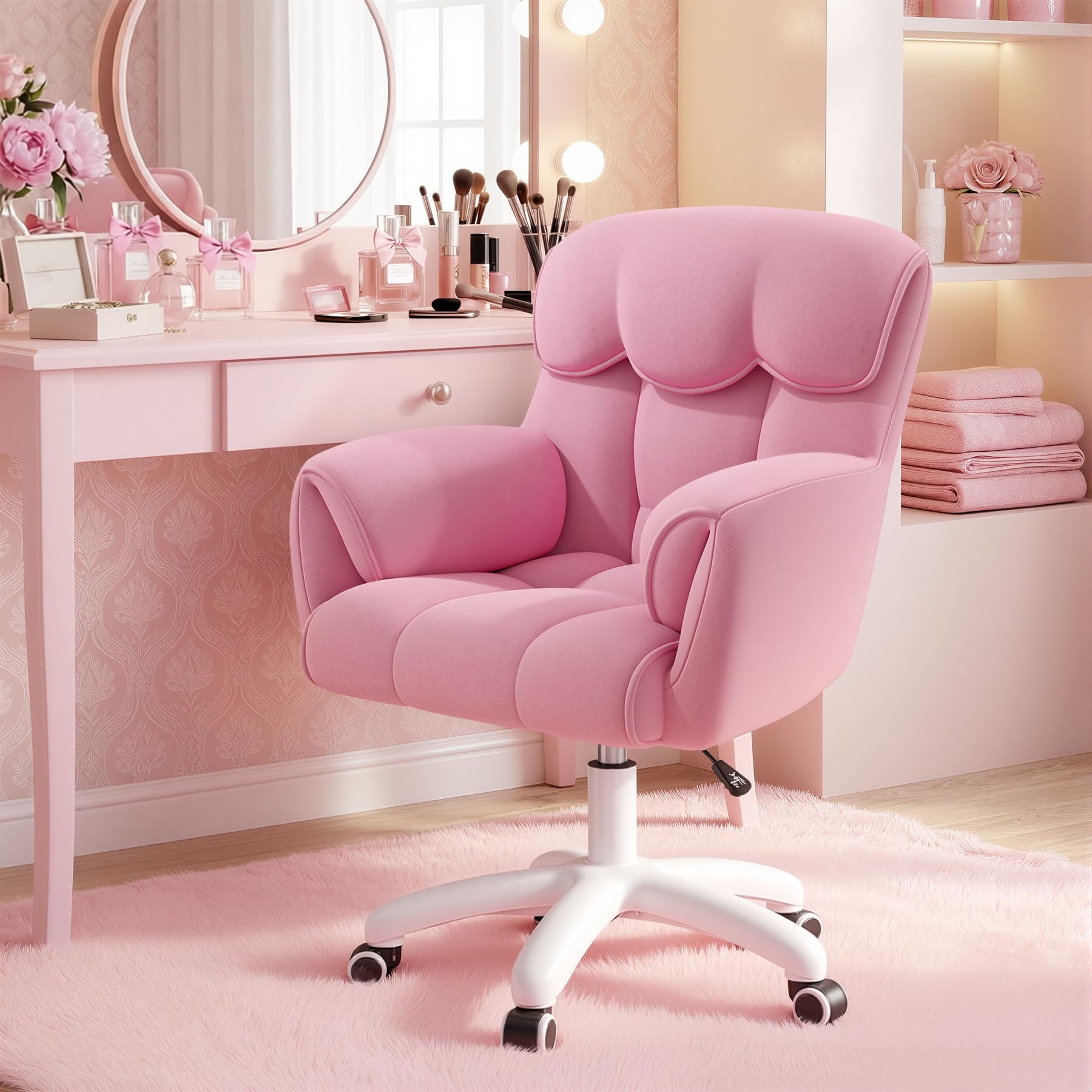 Aivermeil Ergonomic Office Chair, Height-Adjustable Desk Chair with Armrests, 360° Swivel Function, Velvet Cover, for Home Office and Office, Load Capacity up to 150 kg, Pink