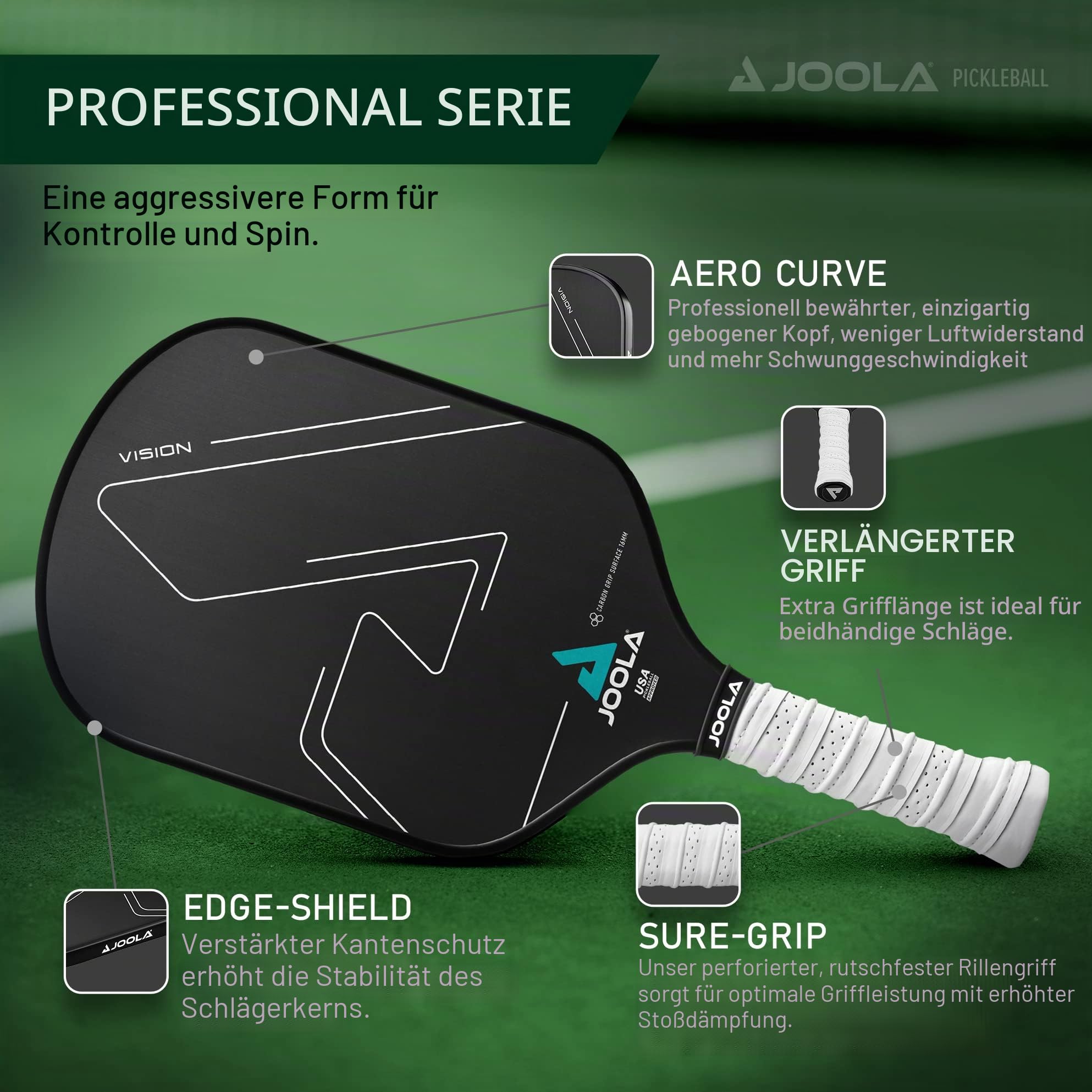 JOOLA Vision Pickleball-Paddel mit strukturierter Carbon-Grip-Oberflächentechnologie für maximalen Spin und Kontrolle mit zusätzlicher Kraft – Pickleballschläger aus Polypropylen, Waben-Kern,