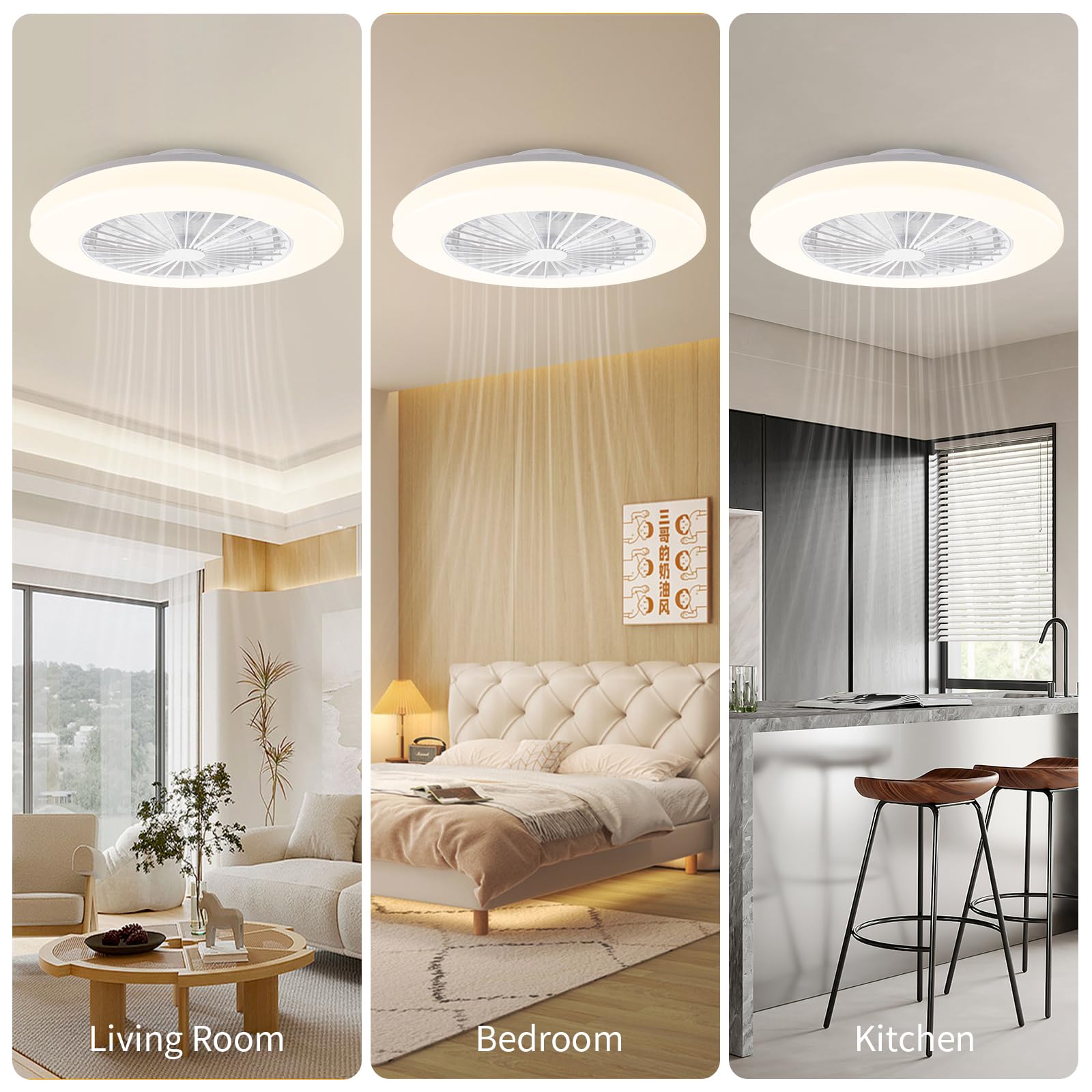 LED-Deckenleuchte mit Ventilator, dimmbares Licht, 24 Geschwindigkeiten, 3000-5500 K, weiß