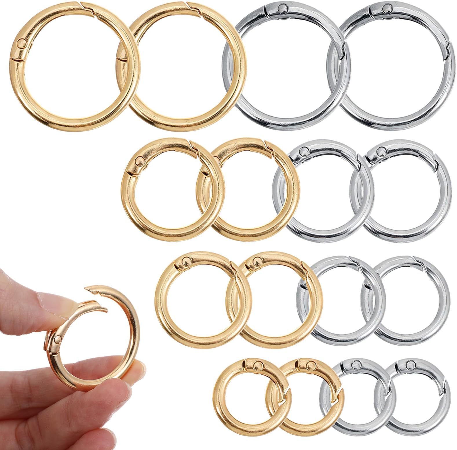 16 Pcs Spring O Ring, Metal Keychain Clip, Round Split Rings, Small Carabiner Clip, Mini Circle Keyring for Bag Purse Handbag Strap Craft Jewelry Making (Gold, Silver)