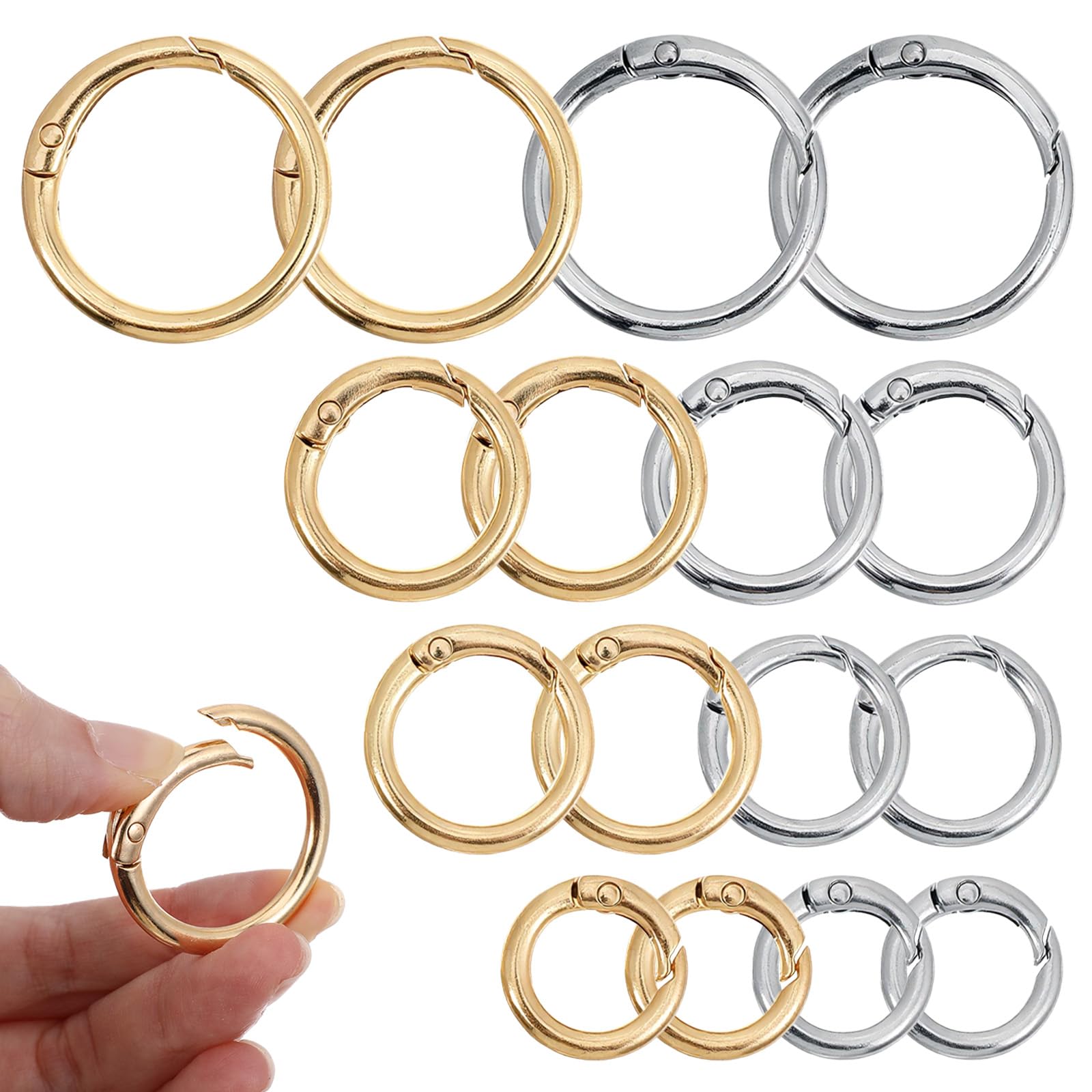 16 Pcs Spring O Ring, Metal Keychain Clip, Round Split Rings, Small Carabiner Clip, Mini Circle Keyring for Bag Purse Handbag Strap Craft Jewelry Making (Gold, Silver)
