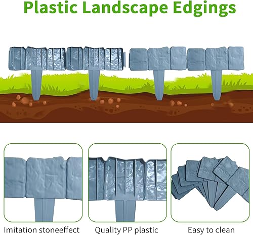 Miniatura 5 de SAIGREEN Borde de borde de paisaje, 10 bordes de paisaje de jardín de 8 pies, borde de plástico para bricolaje, borde de césped, sin excavar, piedra