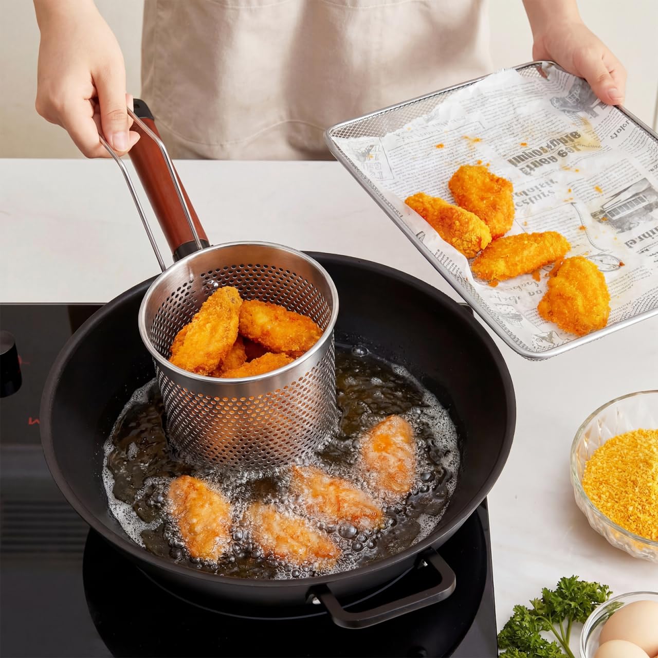 Hemoton Panier à pâtes pliable en acier inoxydable avec poignée, panier à pâtes Hotpot Accessoires Passoire de cuisine pour pâtes, boulettes, légumes et fritures, (diamètre 13 cm)
