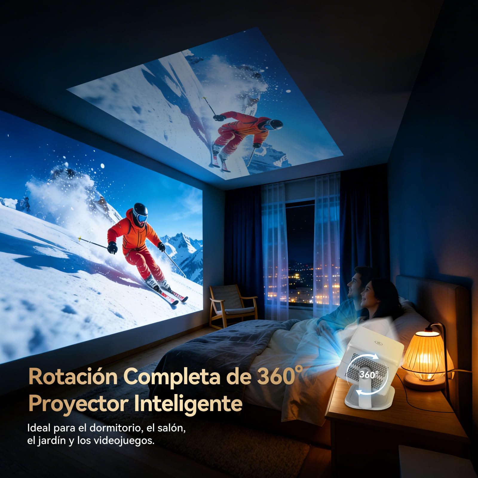 Proyector Portatil 4K con Compatible Netflix y Soporte de 360°, Enfoque y Corrección Trapezoidal Automática, WiFi 6 Ultra Rápido, Bluetooth, Cine en Casa para Smartphone/PS5/Laptop