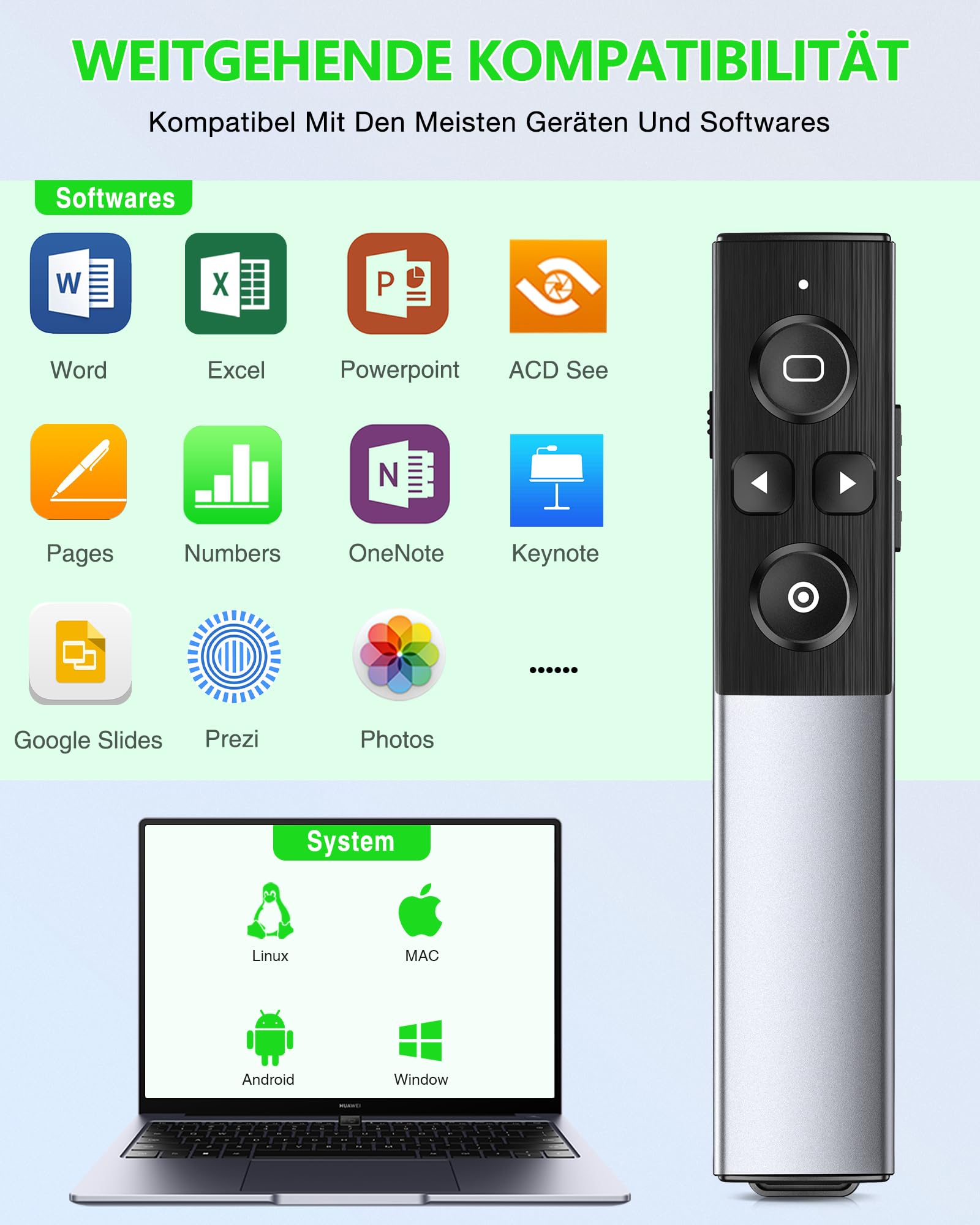 Presenter, 2 in 1 USB und Typ-C-Empfänger Pointer für Präsentationen, 2.4 GHz Wiederaufladbare Wireless Presenter mit Fensterumschaltung/Hyperlink für Windows/Mac ISO/Linux/Android/PowerPoint