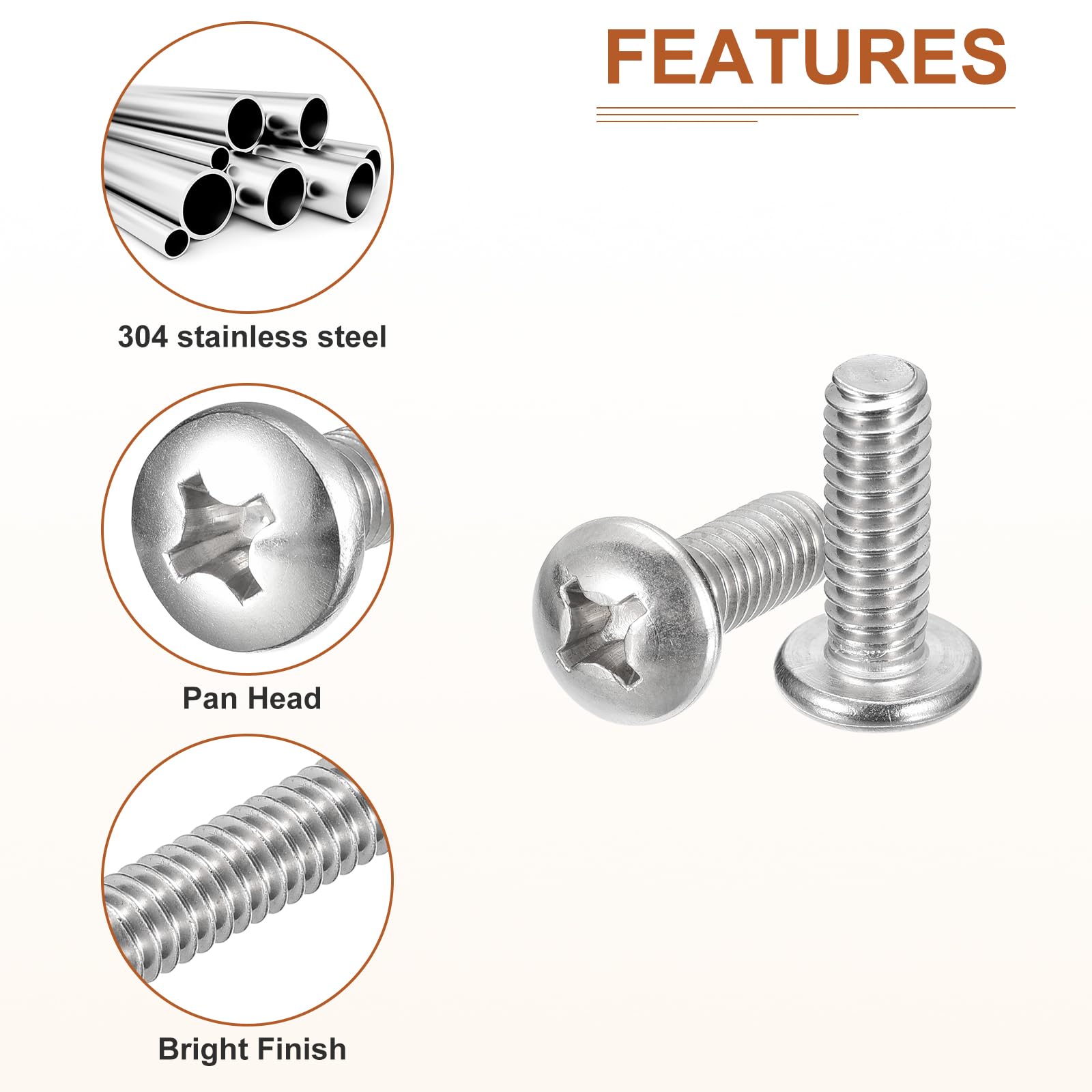 DTGN 1/4-20x3/4" Pan Head Machine Screws, 25Pcs 304 Stainless Steel, Phillips Drive, UNC Full Thread, Bright Finish, Screws Bolts Kit - Image 4
