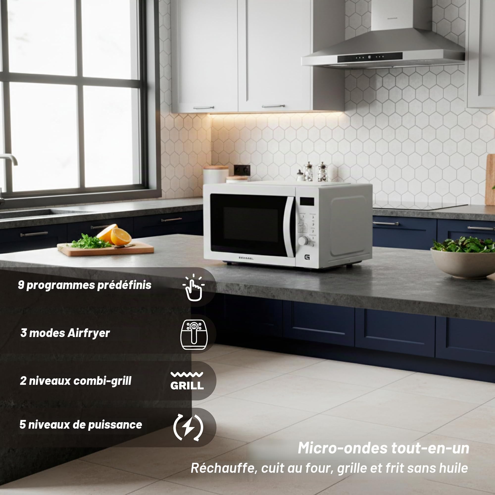 Four à micro-ondes avec grill et airfryer Grunkel MW-28AIRFRYER de 28 litres et 3 fonctions, micro-ondes 900 W, grill 1200 W, airfryer et four 2200 W avec 5 niveaux de puissance, 8 programmes et
