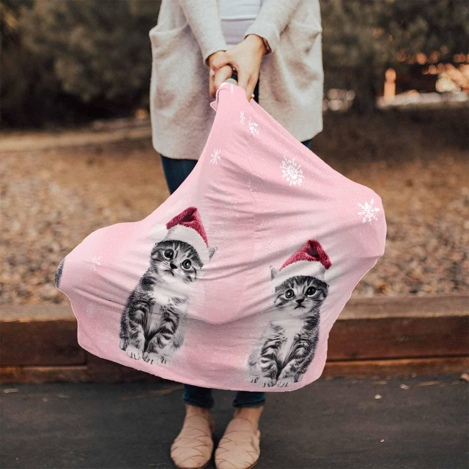 Nursing Cover for Breastfeeding Scarf, Xmas Snowflakes Santa Hat Cats Pink Baby Car Covers Super Soft Multi Use for Canopy Shopping Cart Cover Blanket Stroller Cover
