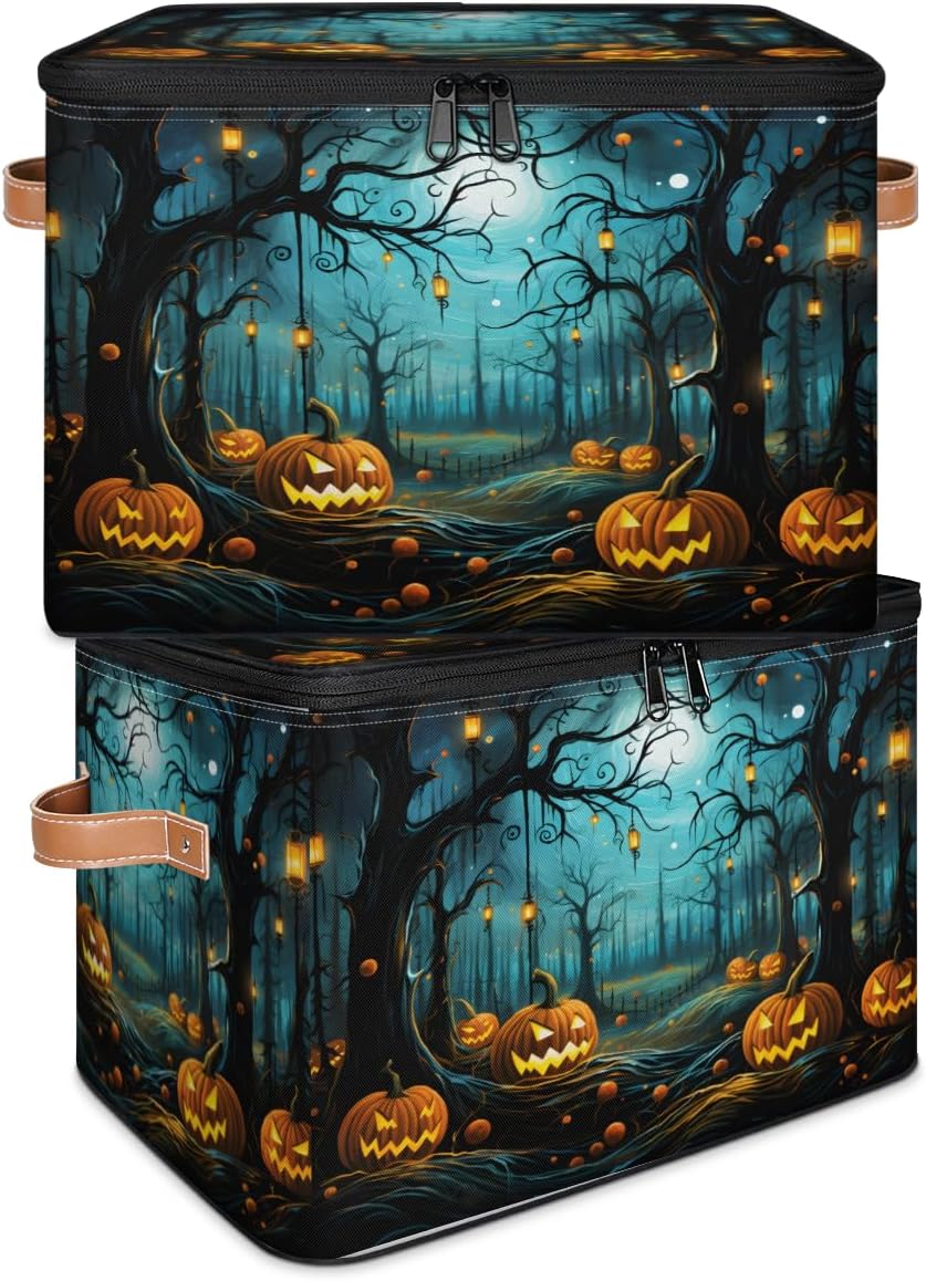 Storage Bin Set of 2 Forest Halloween Pumpkin Storage Basket with Zipper Lid & Handle Foldable Closet Shelf 2 Pack Cloth Organizer Basket Cube Bins Clothes Organizer for Bedroom, Nursery