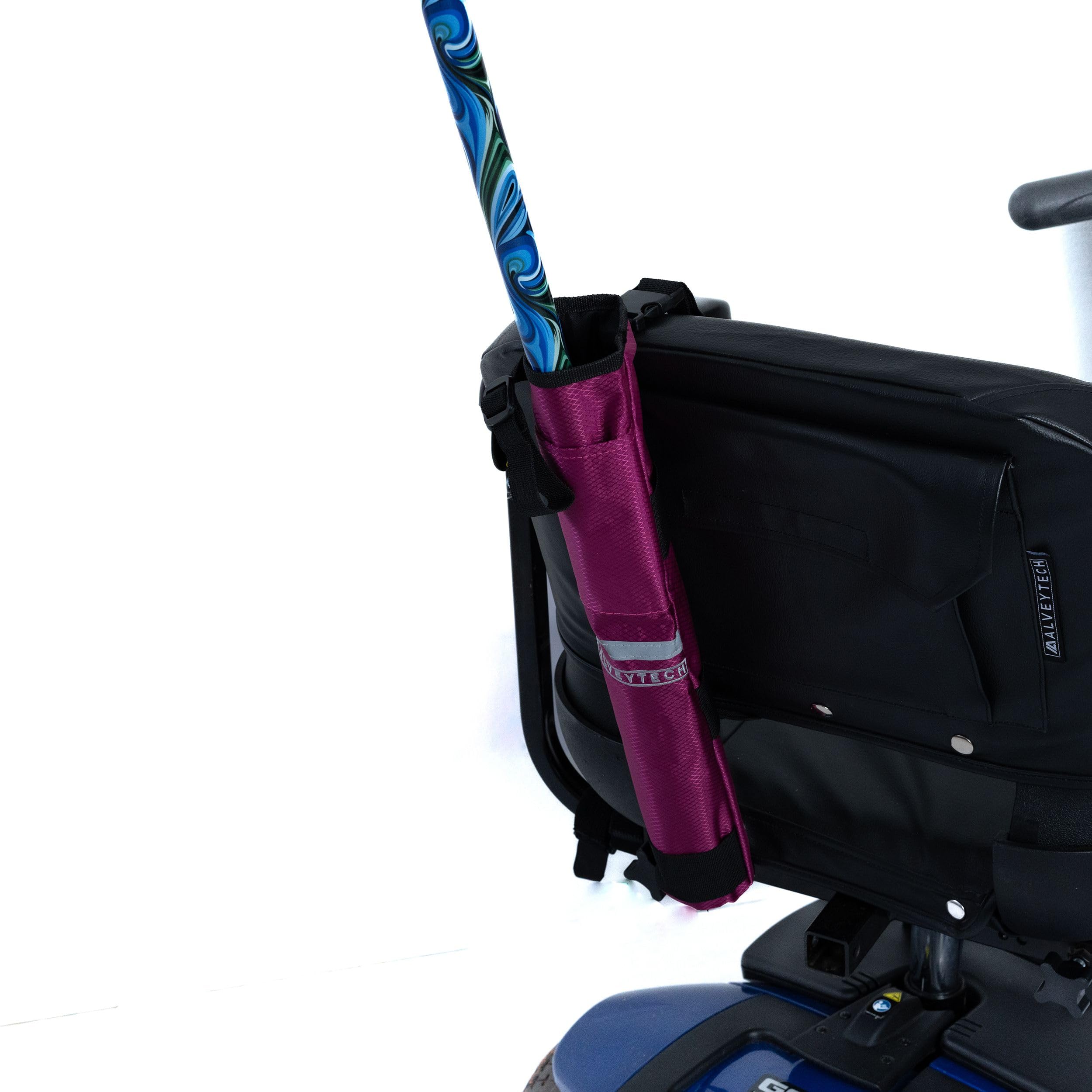 AlveyTech Berry 18" x 4-1/2" Cane Holder - Premium Weather-Resistant Nylon Fabric Holder with Clip Buckle, Cinch & Reflective Strip, Walker Accessories for Mobility Scooters, Power Chairs, Wheelchairs