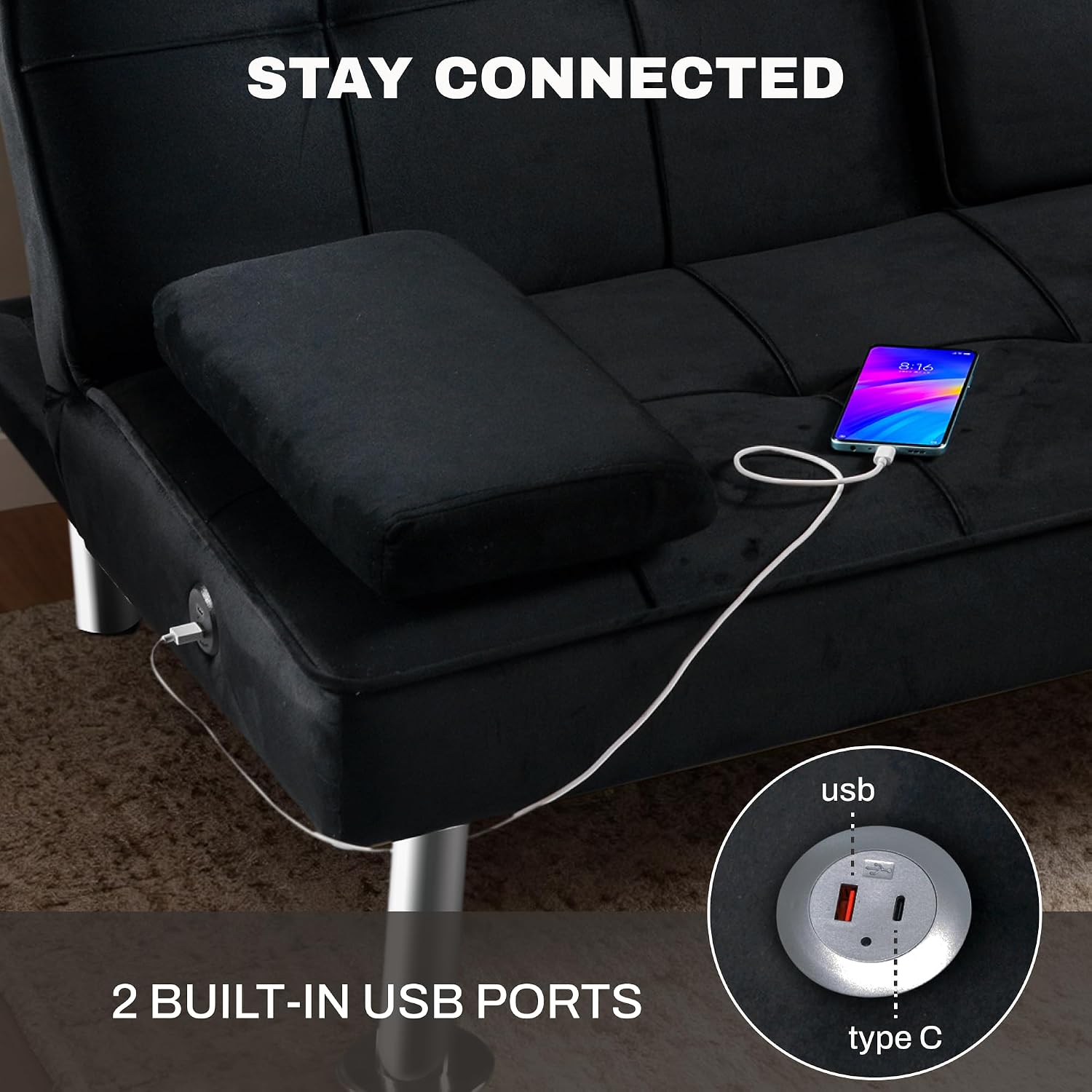 Close-up of the USB and Type-C charging ports on the side of the futon
