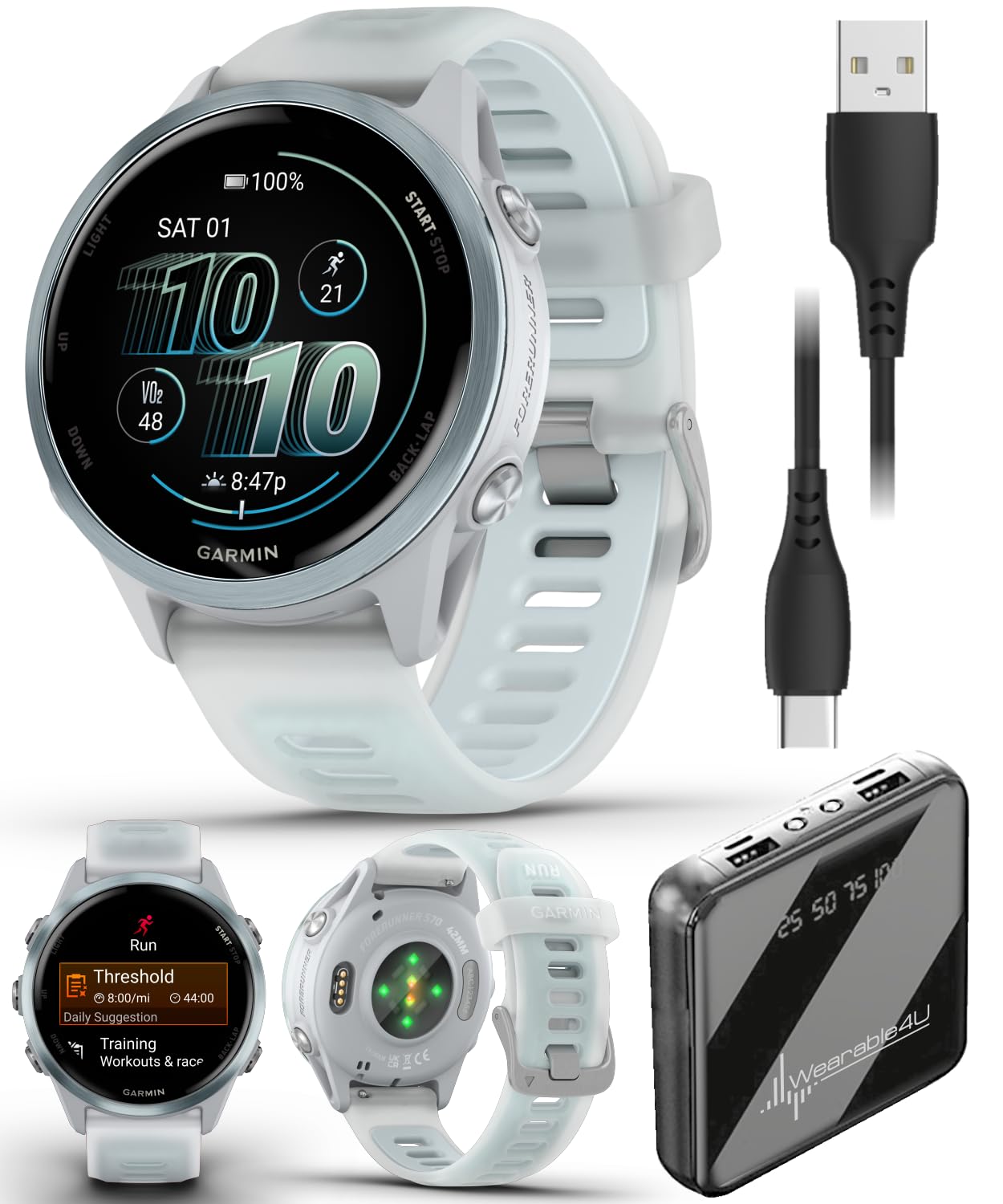 Garmin Forerunner 570 42mm Advanced GPS Running &amp; Triathlon Smartwatch, AMOLED Display, Training &amp; Recovery, Cloud Blue Aluminum w/Translucent Whitestone/Cloud Blue Band w/ Wearable4U PowerBank Bundle