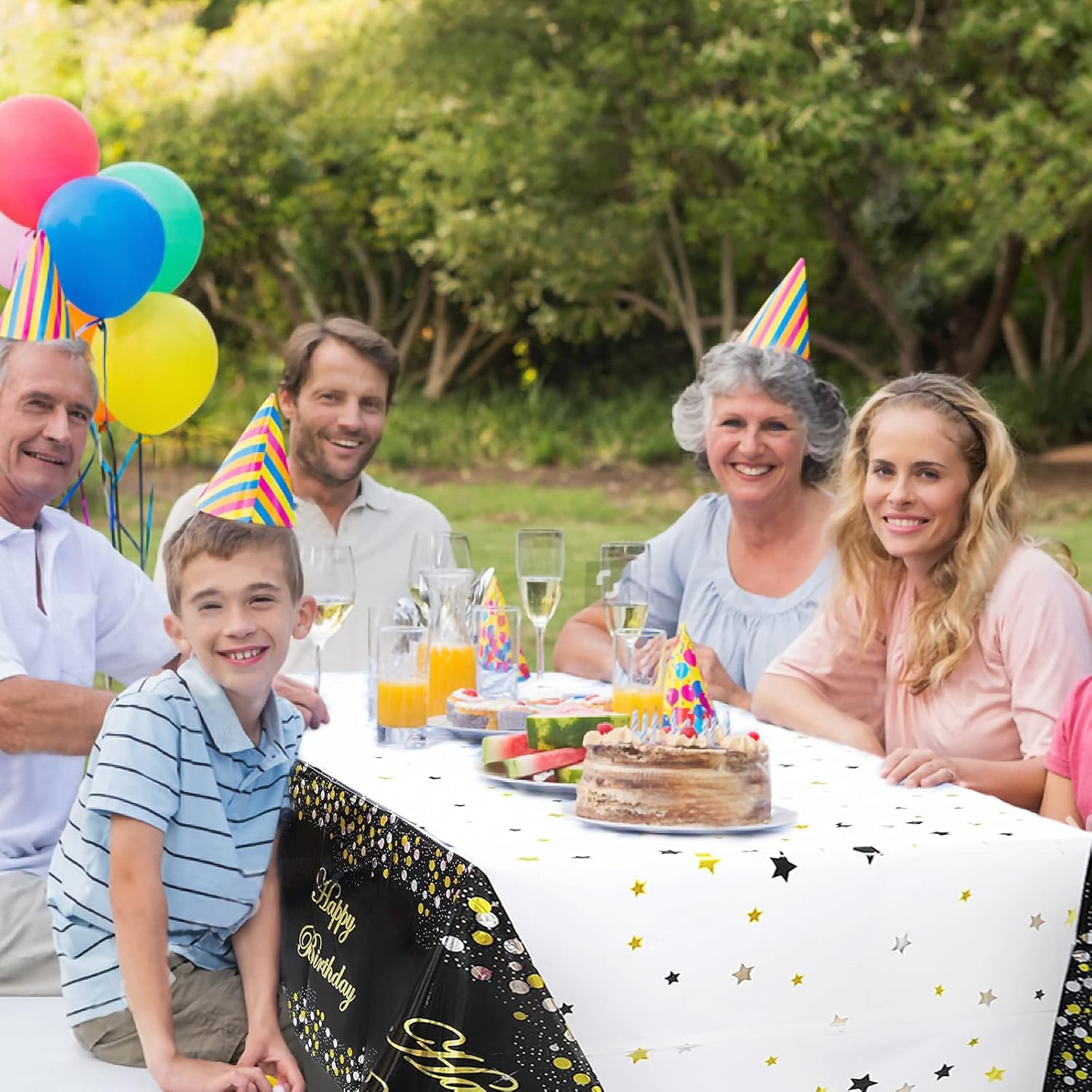 Amfin 54 x 72 Inch Happy Birthday Printed Metallic Foil Disposable Table Cover, Tablecloth for Party, Birthday Decoration. Waterproof, Shiny Finish - Black [Pack of 1] - Image 3 thumbnail