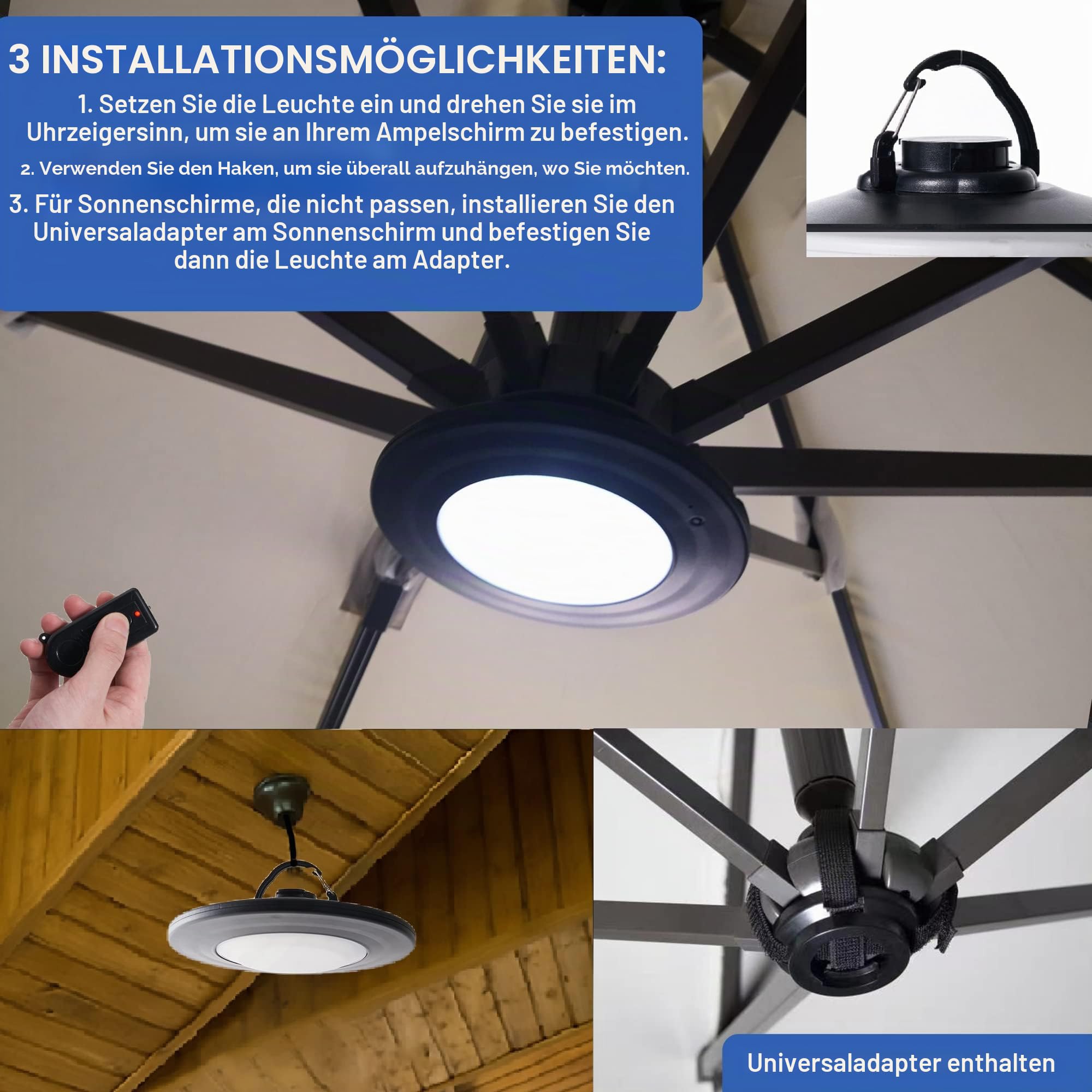 Regenschirmlichter mit Fernbedienung, wiederaufladbar, freitragender Regenschirmlichter mit 3 Helligkeitsmodi, für versetzte Terrassenschirm im Außen- und Gartenbereich (schwarz)