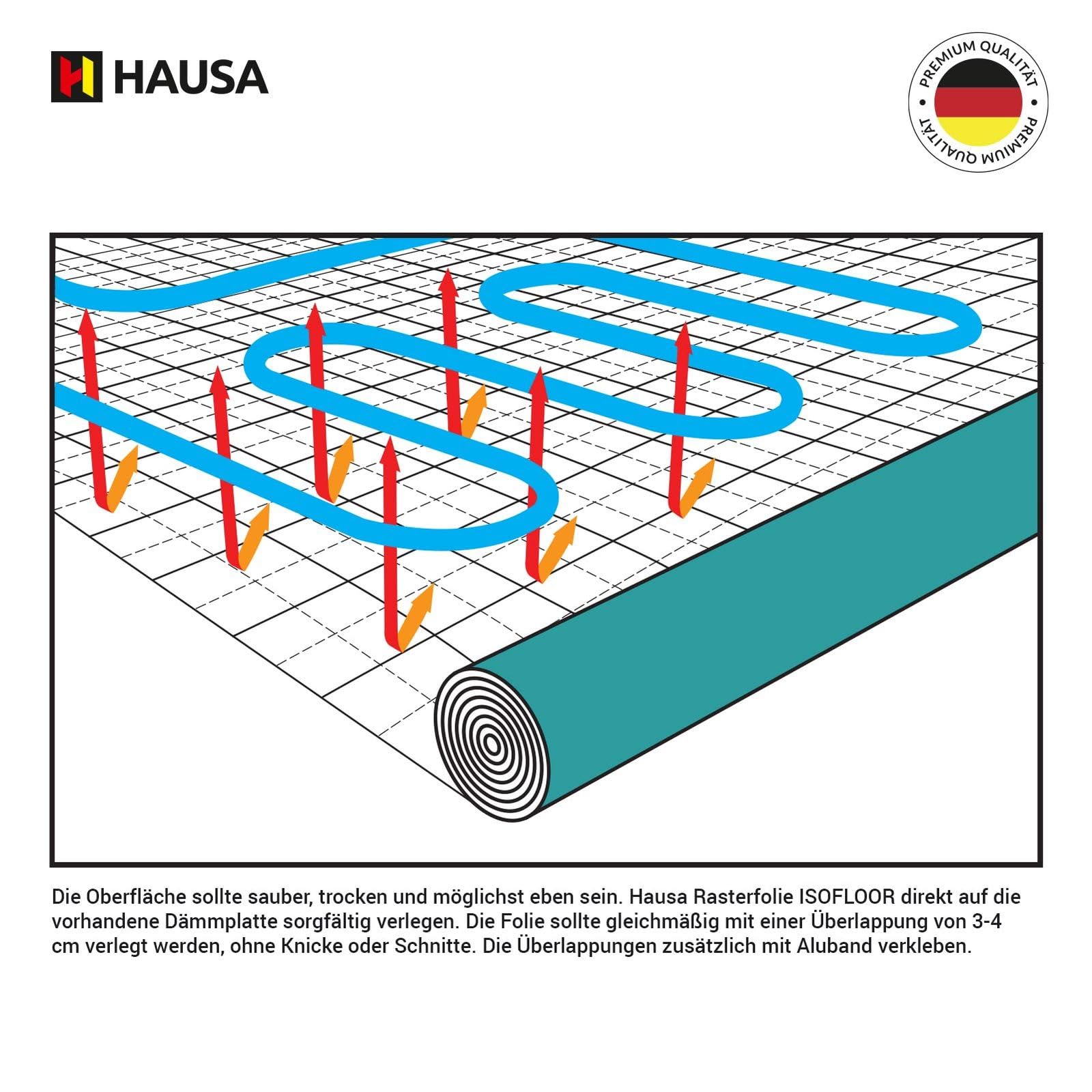 HAUSA Pellicola isolante ISOFLOOR per riscaldamento a pavimento, 50 m, efficiente isolamento termico sotto sistemi di riscaldamento a pavimento, pellicola di alluminio, isolamento a pavimento con