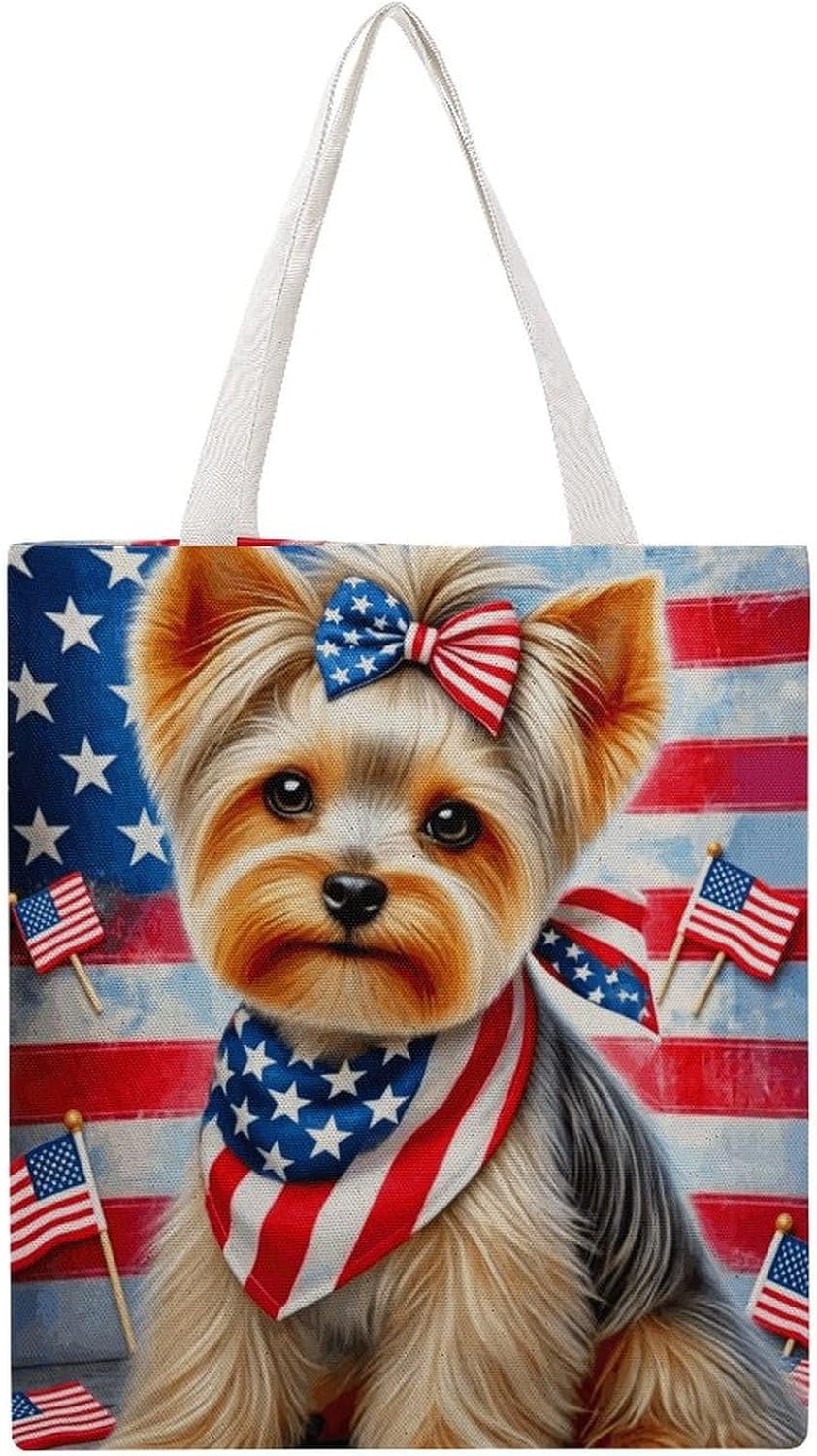 Patriotic Dog Canvas Tote Bag Reusable Grocery Bags Foldable Soft Cotton Shoulder Carry Bag