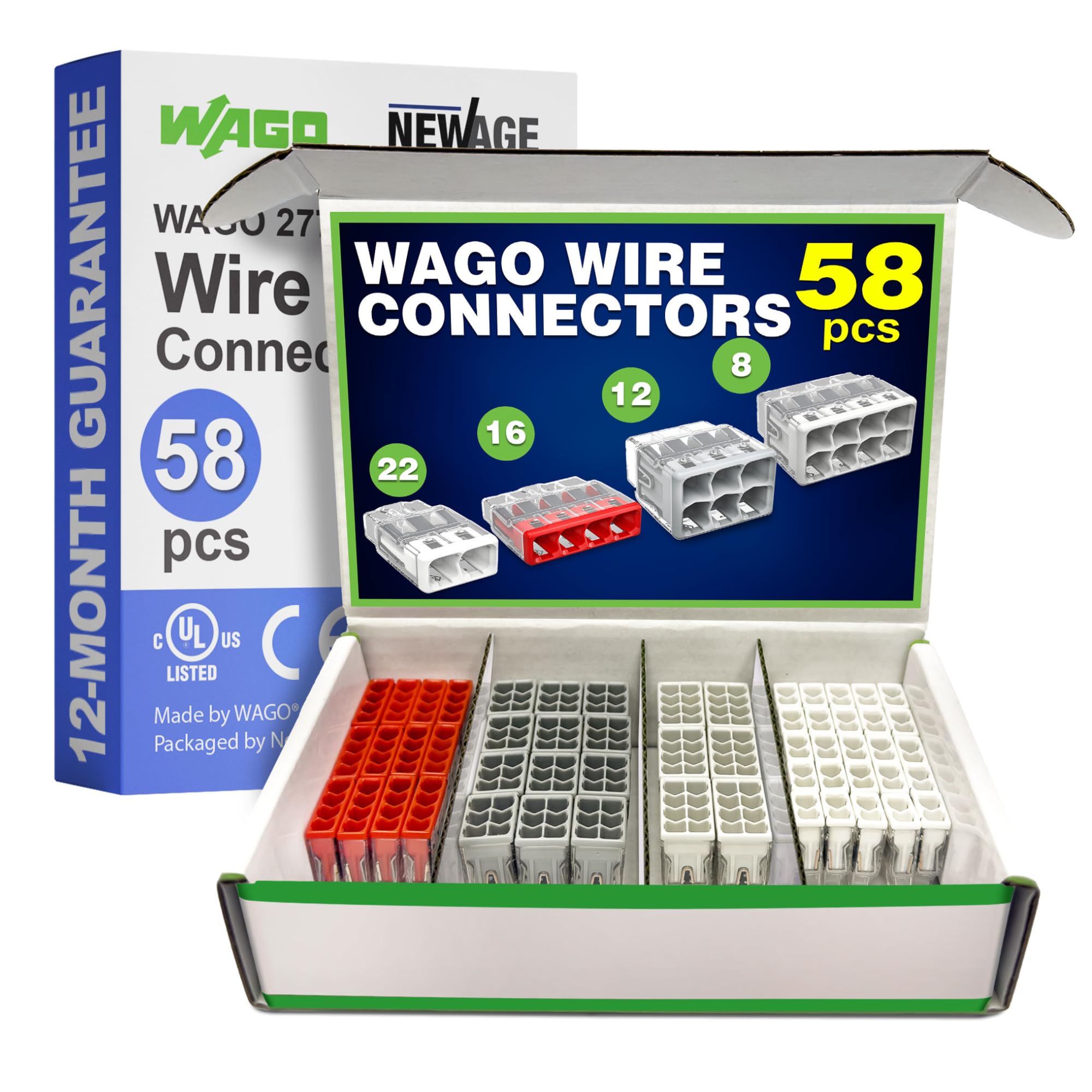 WAGO 2773 Series 58pc Push in Compact Splicing Wire Connectors | Includes (22x 2773-402), (16x 2773-404), (12x 2773-406), (8X 2773-408) | WAGO 2773 Wall Nuts | Push in Wire Connectors | 2-4-6-8 Port