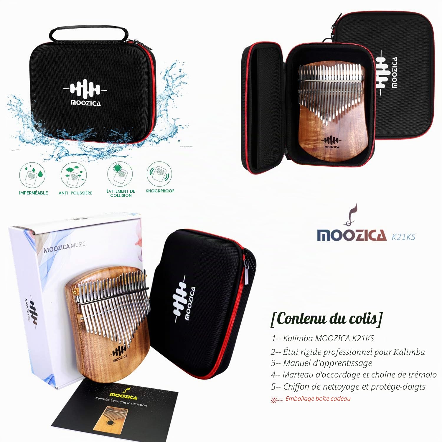 MOOZICA 21 Touches Solide Koa kalimba Piano à Pouce, Simple Planche Plate en Bois Massif Kalimba Marimba Professionnel avec Instruction d'apprentissage et étui de Transport (Acacia Koa, 21 Touches)