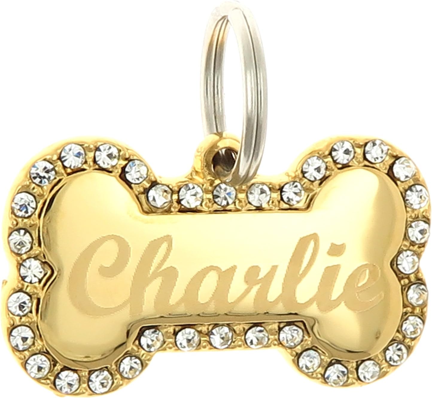 Custom Engraved Personalized Gold-Plated Bone Shape w/Clear Rhinestones Dog Pet ID Jewelry Bling Tag