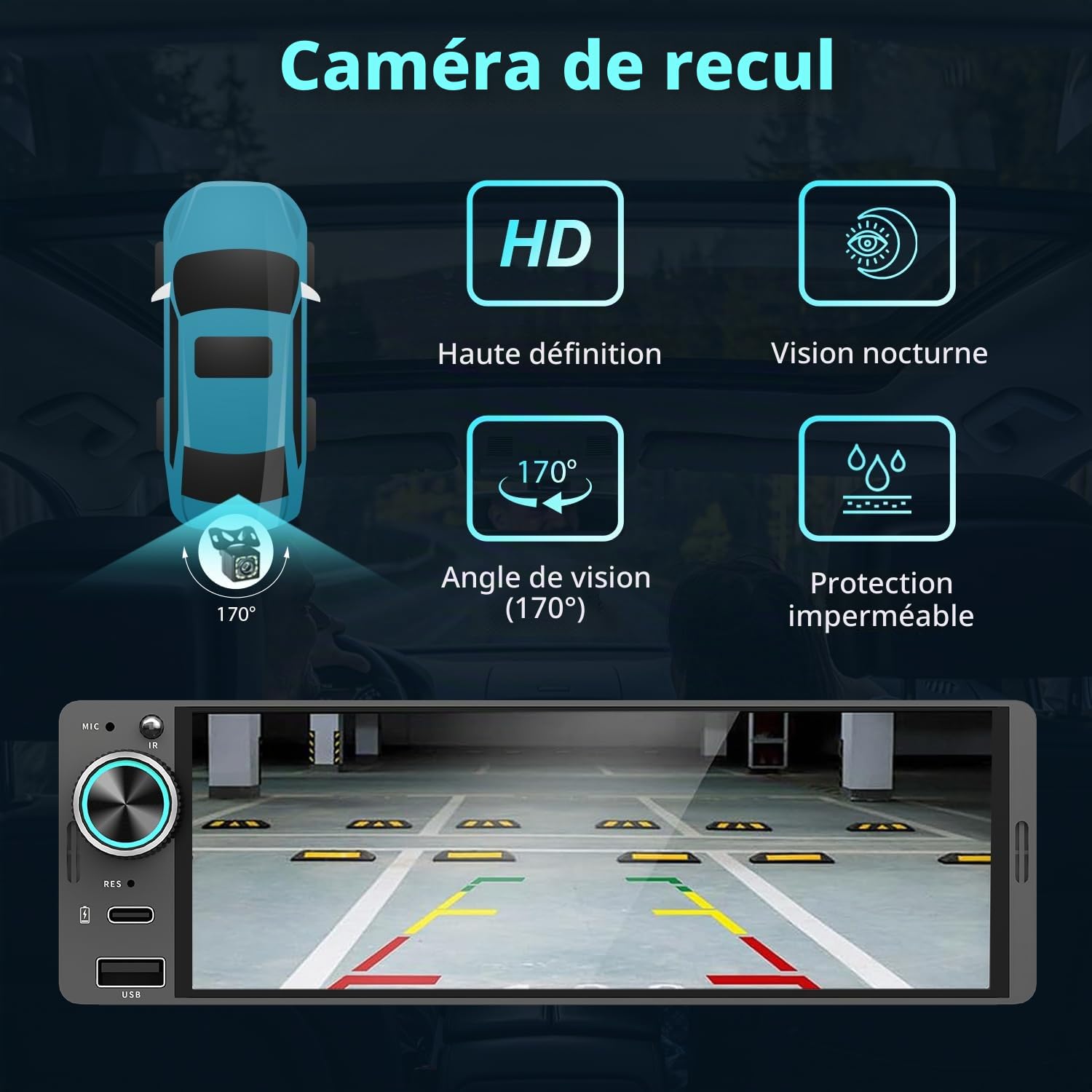 Autoradio 1 DIN avec écran Tactile (6,3") Compatible avec Apple CarPlay [Wireless] / Android Auto Bluetooth Type-C USB (Charge Rapide 3A) AM/FM RDS Radio Caméra de recul