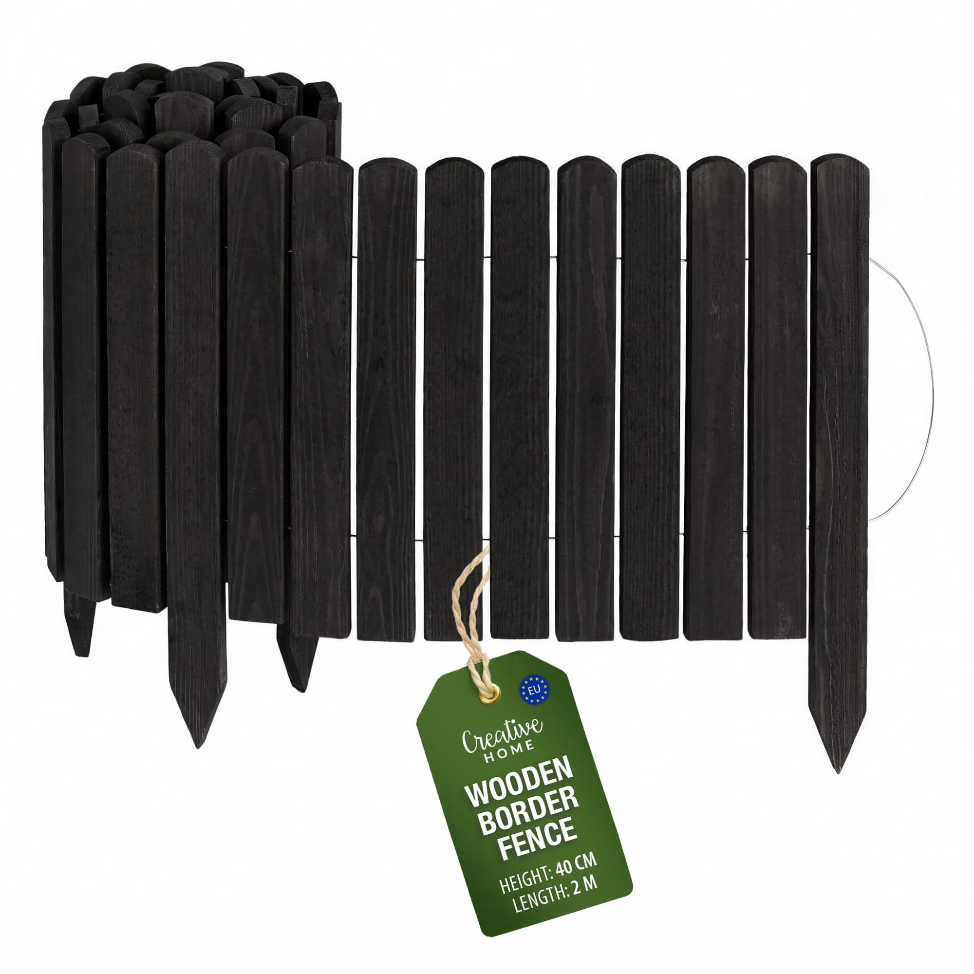 Creative Home Log Wooden Fixed Border Fence, 40cm High, Black