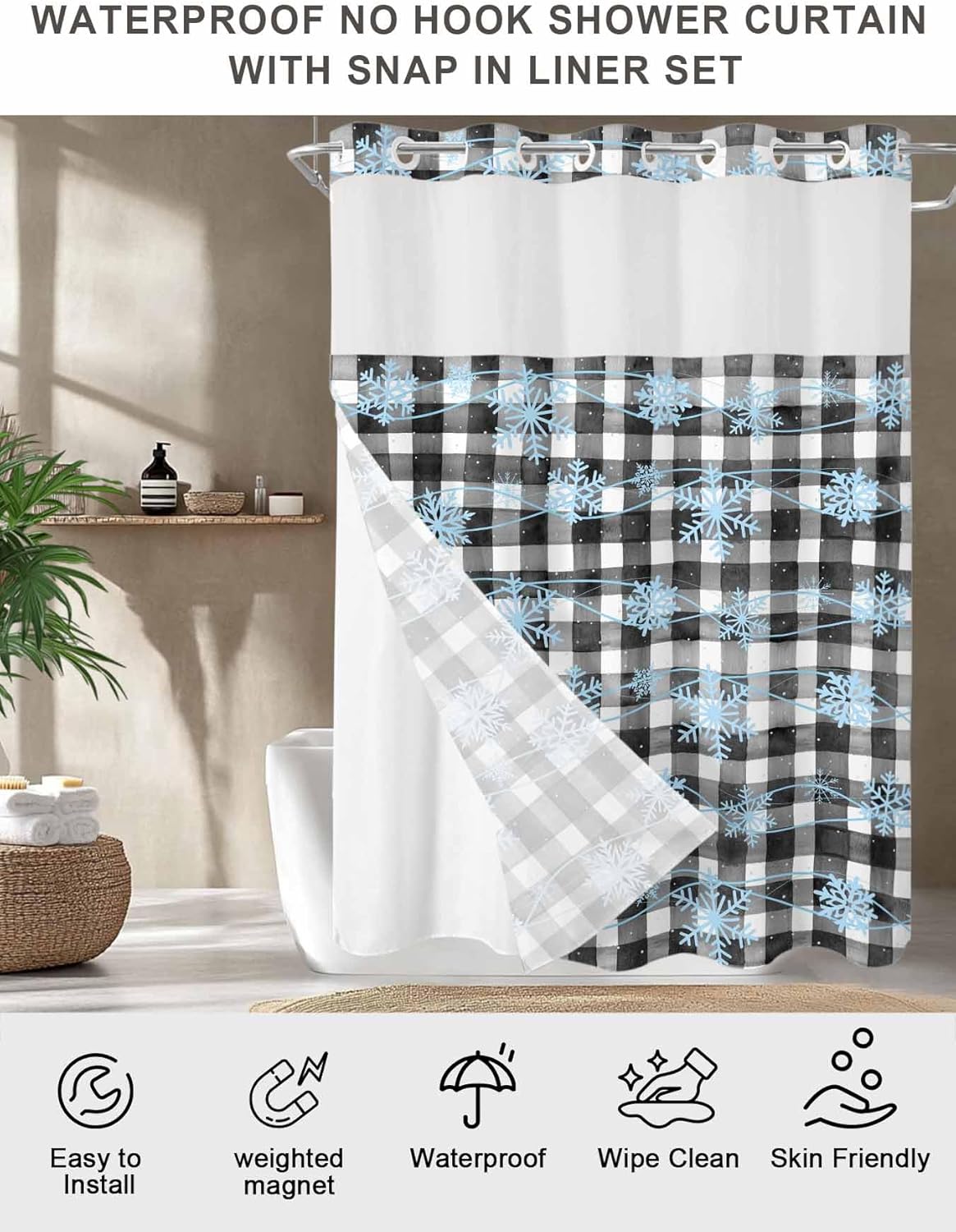 Teamery No Hook Shower Curtain with Snap in Liner, Blue Winter Snowflakes Curtain Set See-Through Top Double Layers Fabric Shower Curtains Black White Plaid for Bathroom Decor, 36x72in