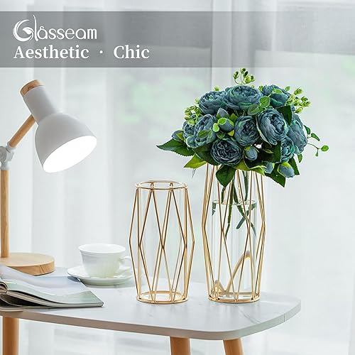 Miniatura 4 de Juego de 2 piezas de jarrón de cristal con soporte de metal, chapado a mano geométrico dorado, jarrones geométricos de vidrio para flores, centros