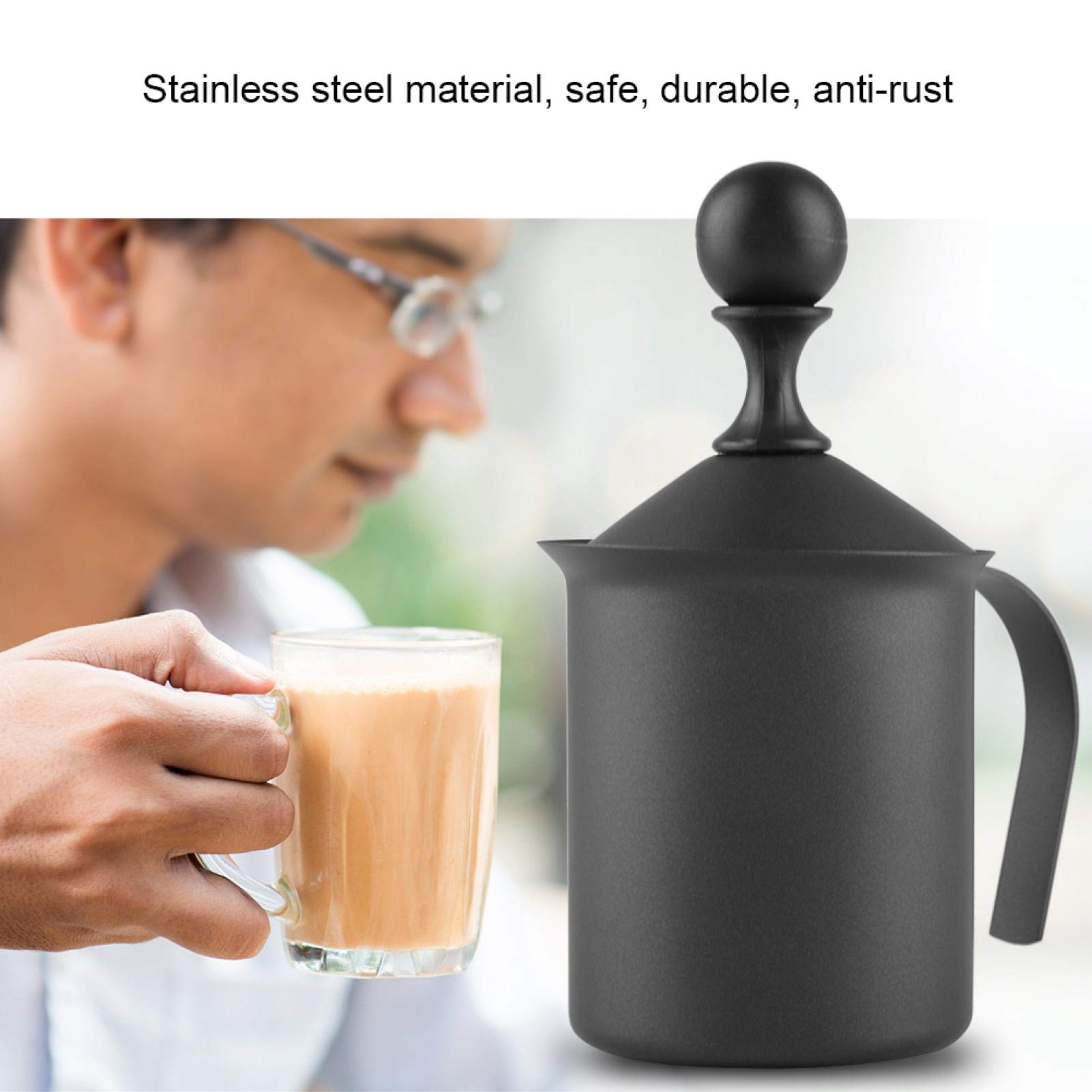 Mousseur à Lait Manuel, Outil de décoration de Cappuccino de café de Fabricant de Mousse de Mousse de Lait à Double Maille Manuelle en Acier Inoxydable(400ml)
