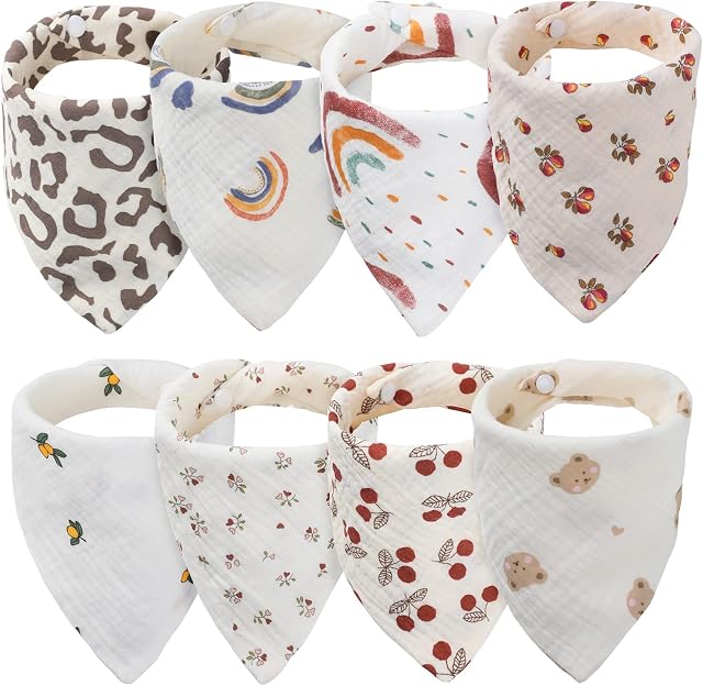 WD&CD 8 Pieces Baby Dribble Bibs, Baby Bandana Bibs with 2 Adjustable Button, Soft and Absorbent for Newborn Girls Boys