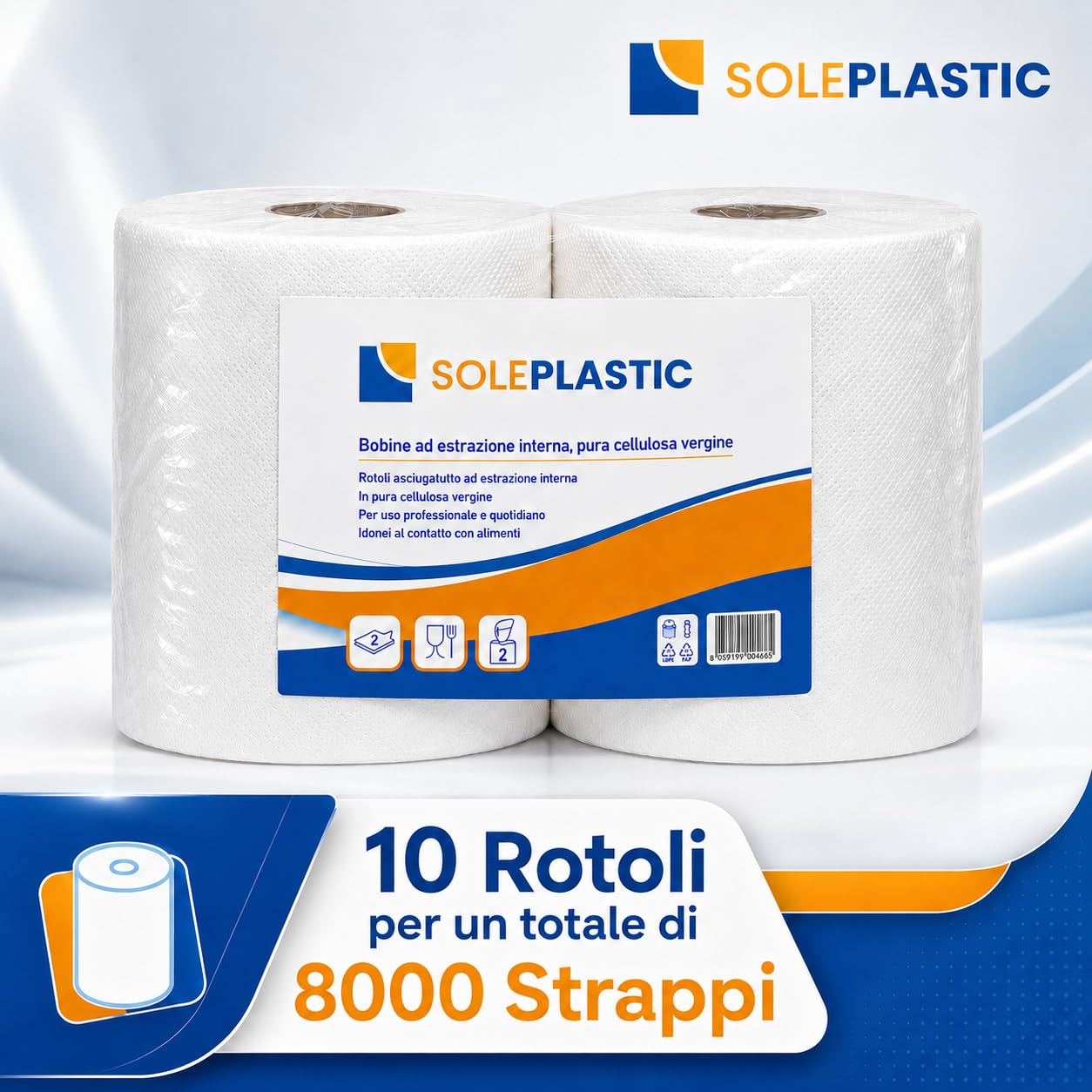 10 Bobine x 800 Strappi Rotoli Carta Cucina - TOTALE 8000 STRAPPI | Pura Cellulosa ad Alta Assorbenza, Carta Asciugatutto Domestico e Industriale 2 Veli, Idonea al Contatto Alimentare