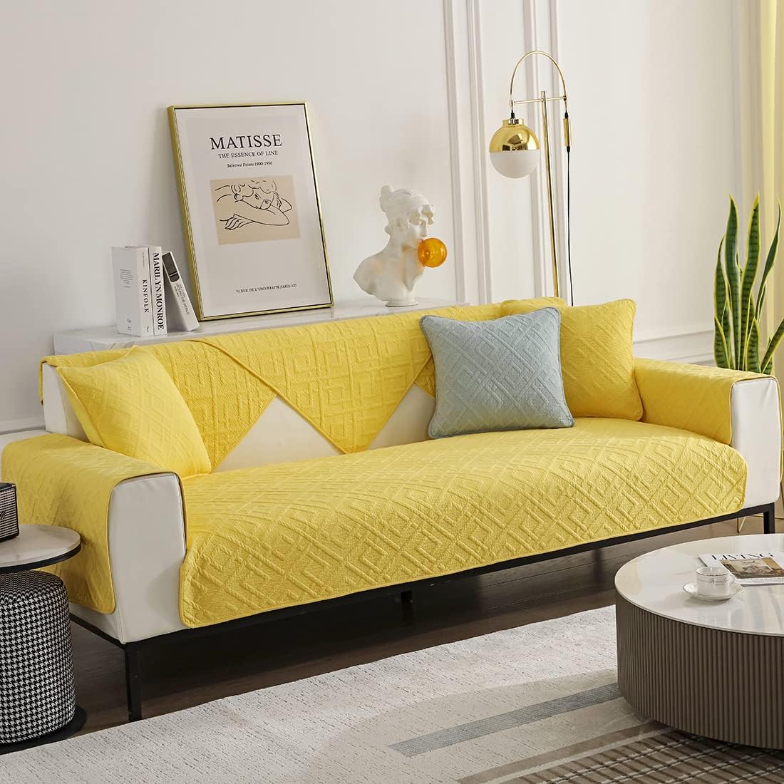 vctops Geometric Cotton Quilted Couch Sofa Cover Farmhouse Solid Color Sectional Couch Covers Non Slip Sofa Slipcover Furniture Protector for Living Room (Yellow,43"x43")