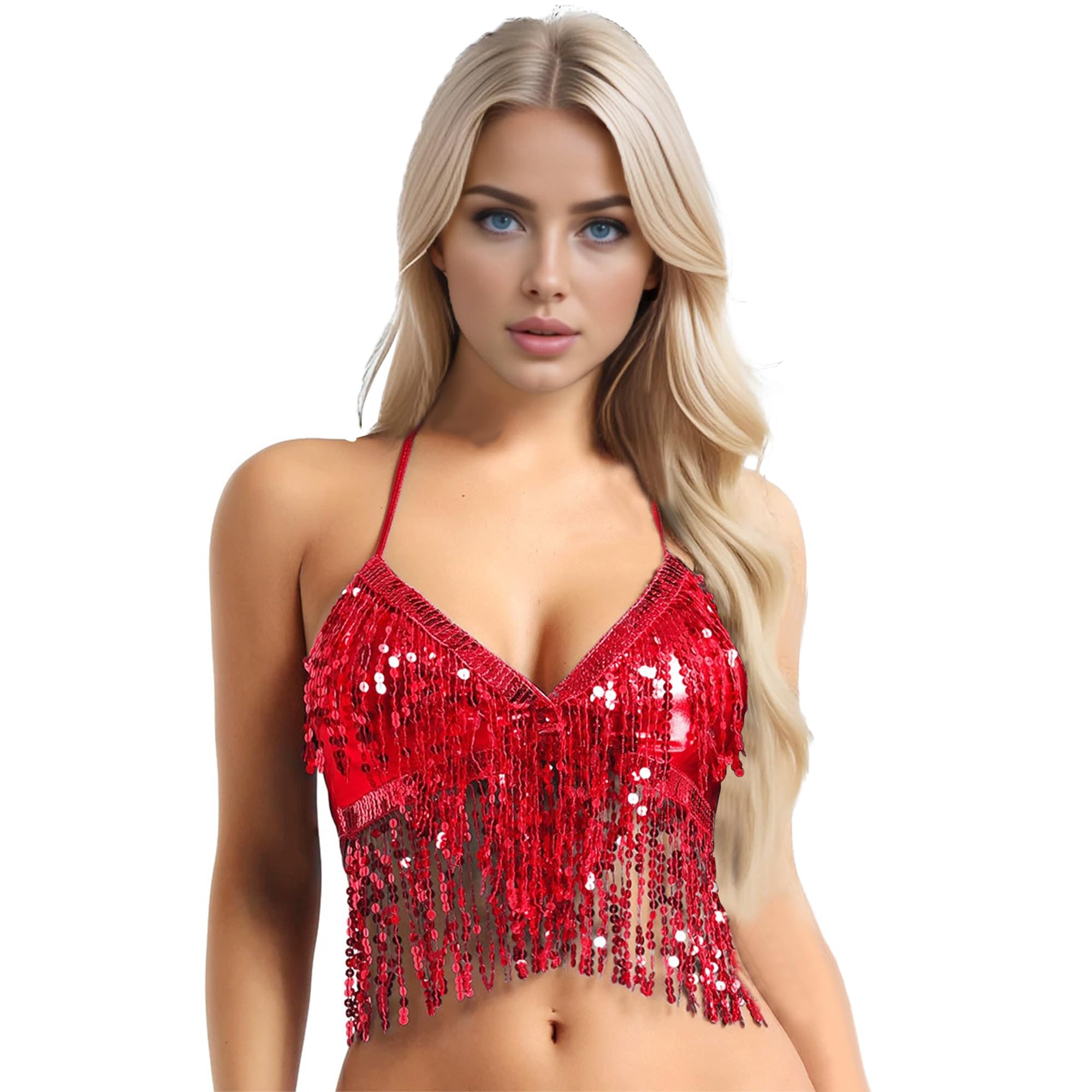 MUNAFIE Haut à paillettes pour femme avec franges, dos nu, soutien-gorge pour festival, danse du ventre, costume