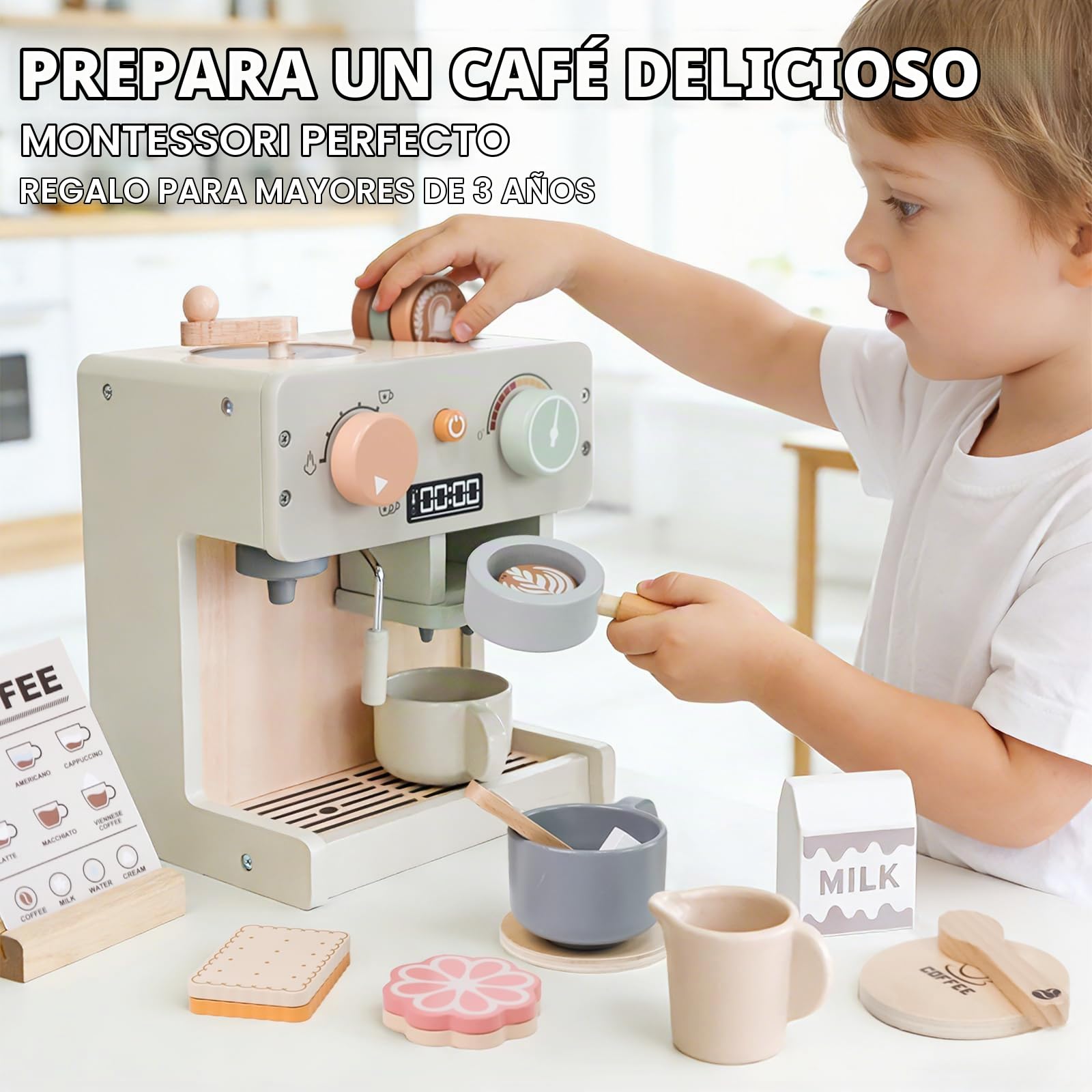 Máquina de Café de Madera de Juguete, Cafetera Juguetes de Madera Infantil，Juego de rol Comida Juguete, Accesorios de Cocina de Madera, Regalo para niños para Niñas y Niños