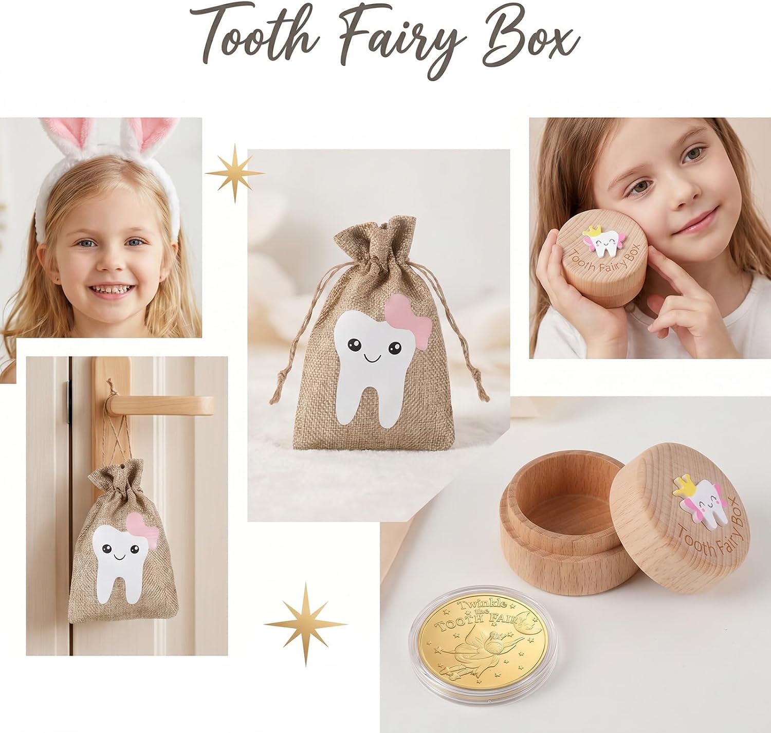 YUXIANLB 3pcs Wooden Tooth Fairy Box, Foilwith Unicorn Gold Coin with Pouch Foil Reward Baby Souvenir Dropped Lost Tooth Keepsake Storage Holder Box Gift for Boys Girls Kids Birthday
