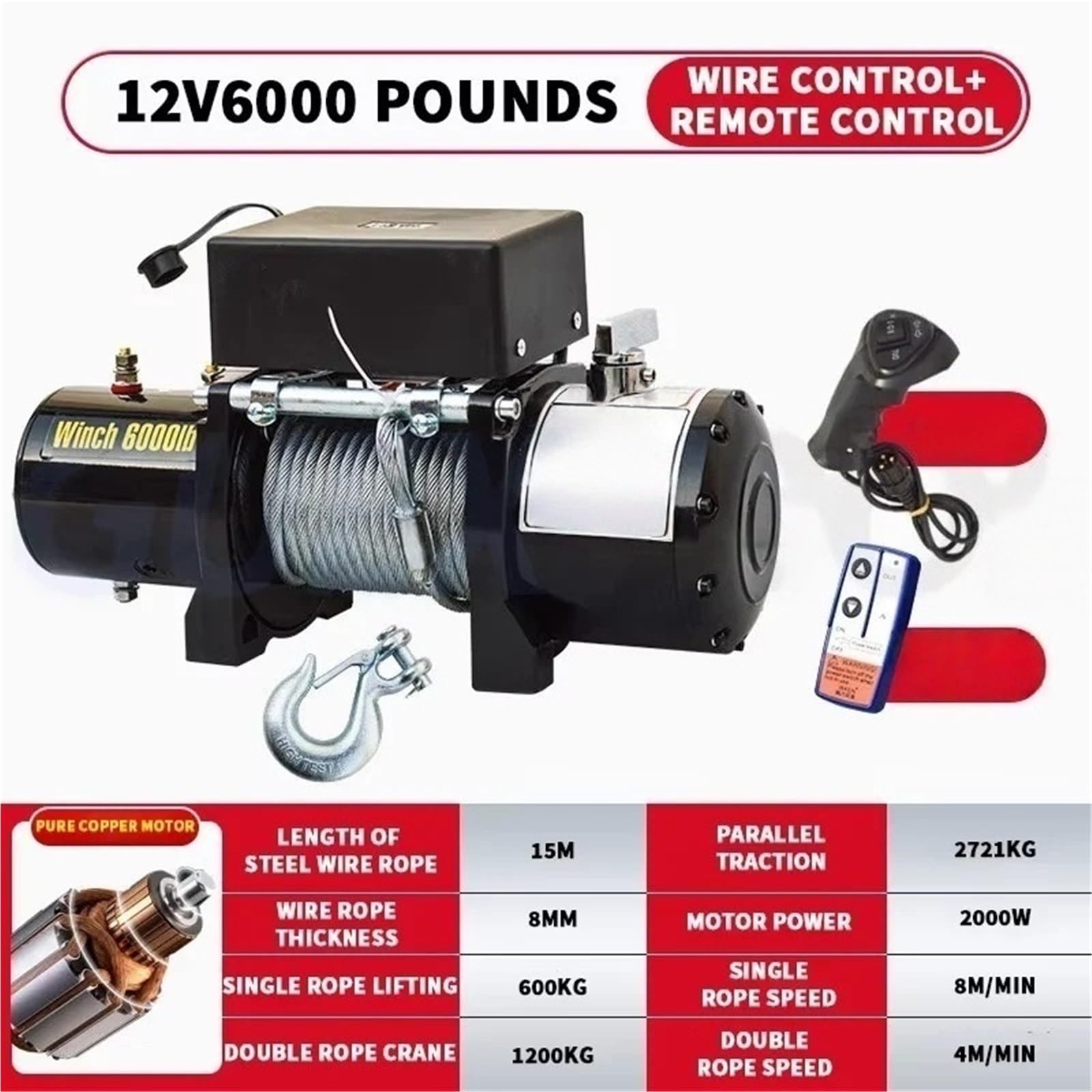 Argani elettrici 12 V/24 V Verricello Elettrico Di Soccorso Stradale Auto Per Uso Domestico Gru Montata Trazione Strumento Sollevamento Gru per motori(12V)