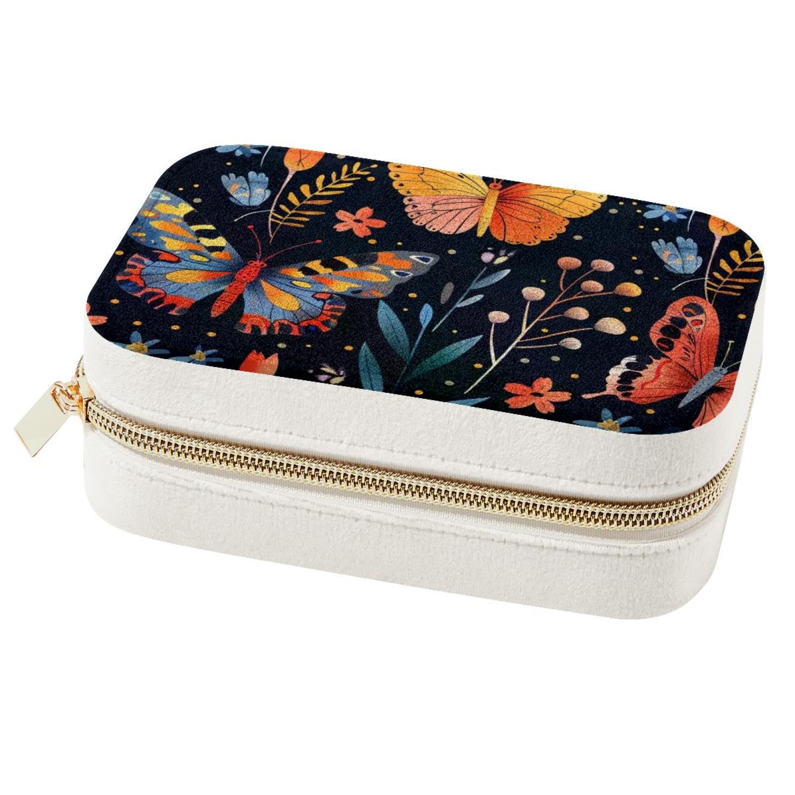Boîte à bijoux noire anti-nœuds pour voyage motif papillon