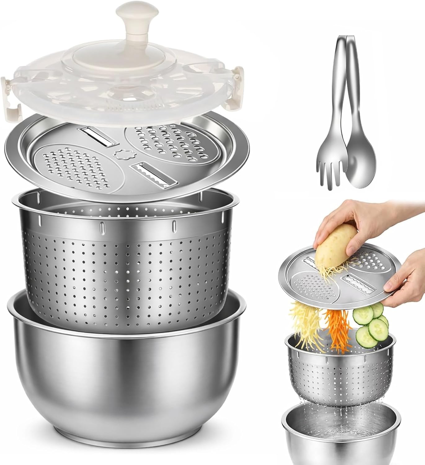 Stainless Steel Salad Spinner Set with Grater and Food Clip, 6L Large Metal Salad Spinner, Fruit Vegetable Dryer with Built-in Drain Spout for Dehydrating Fruit and Vegetable, Pasta and French Fries