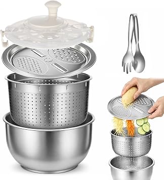 Stainless Steel Salad Spinner Set with Grater and Food Clip, 6L Large Metal Salad Spinner, Fruit Vegetable Dryer with Built-in Drain Spout for Dehydrating Fruit and Vegetable, Pasta Silver